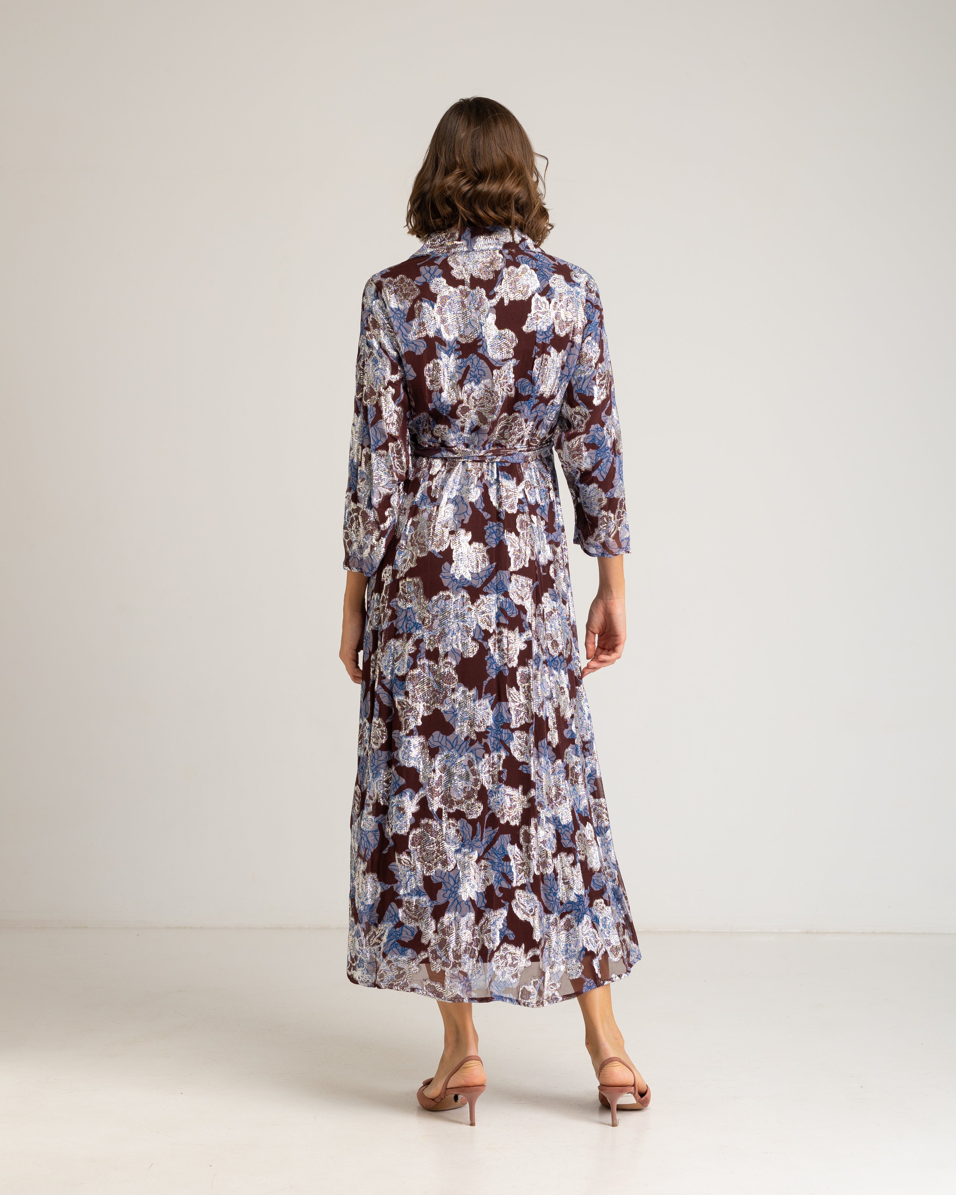 Vestido Comprido com Estampado Floral de Manga Comprida Azul-4