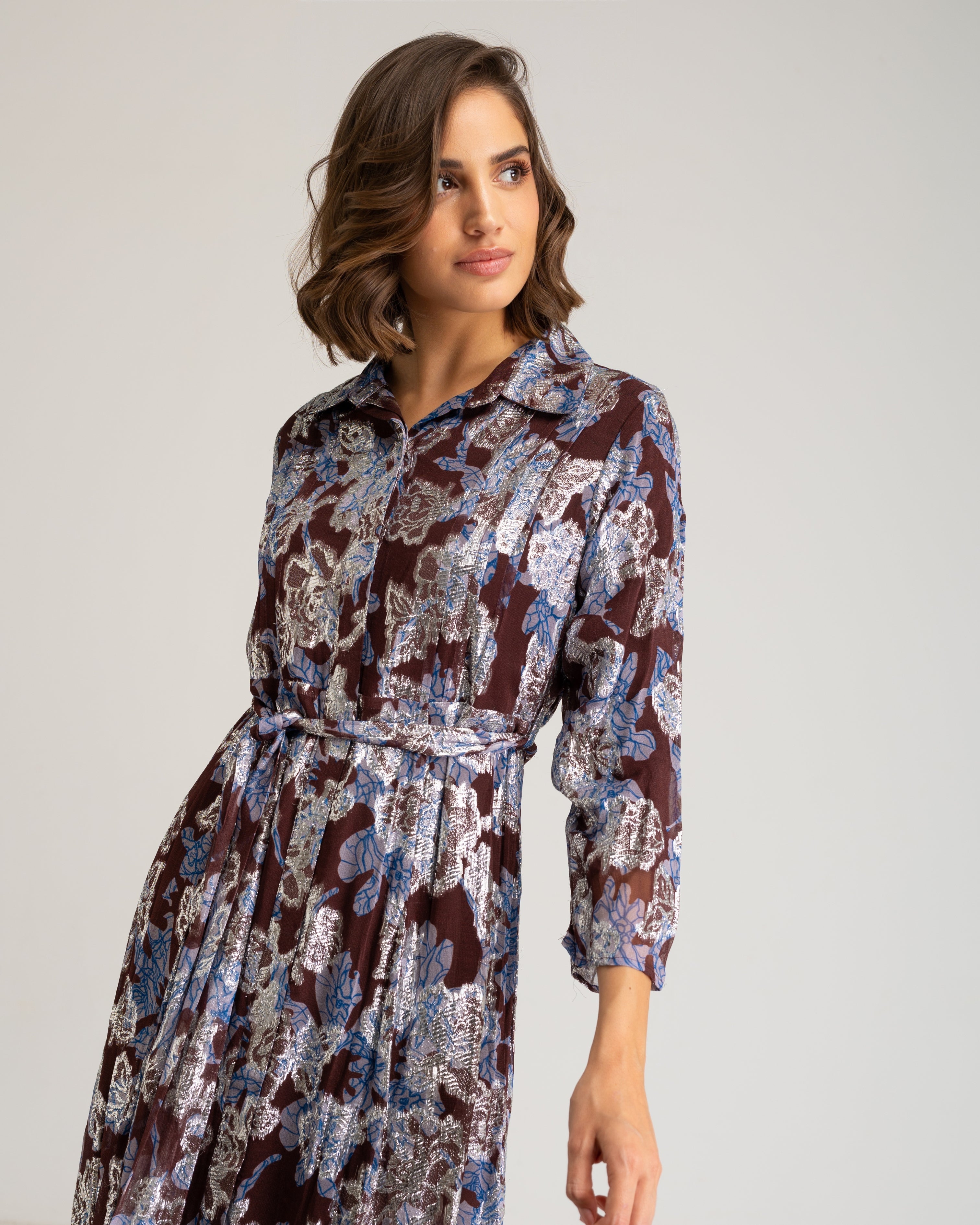 Vestido Comprido com Estampado Floral de Manga Comprida Azul-6