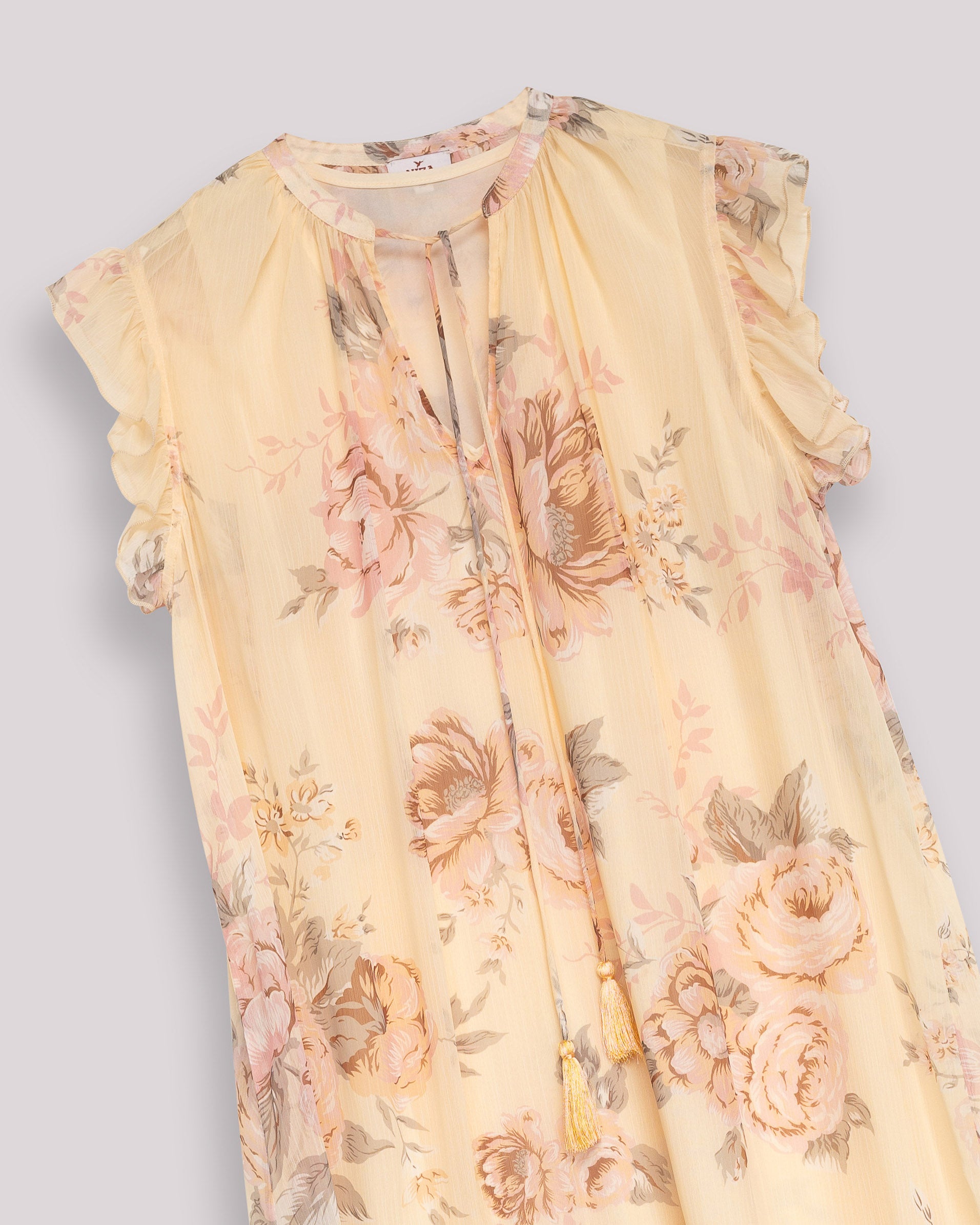 Vestido Comprido Floral com Folhos e Decote com Laço Amarelo-10