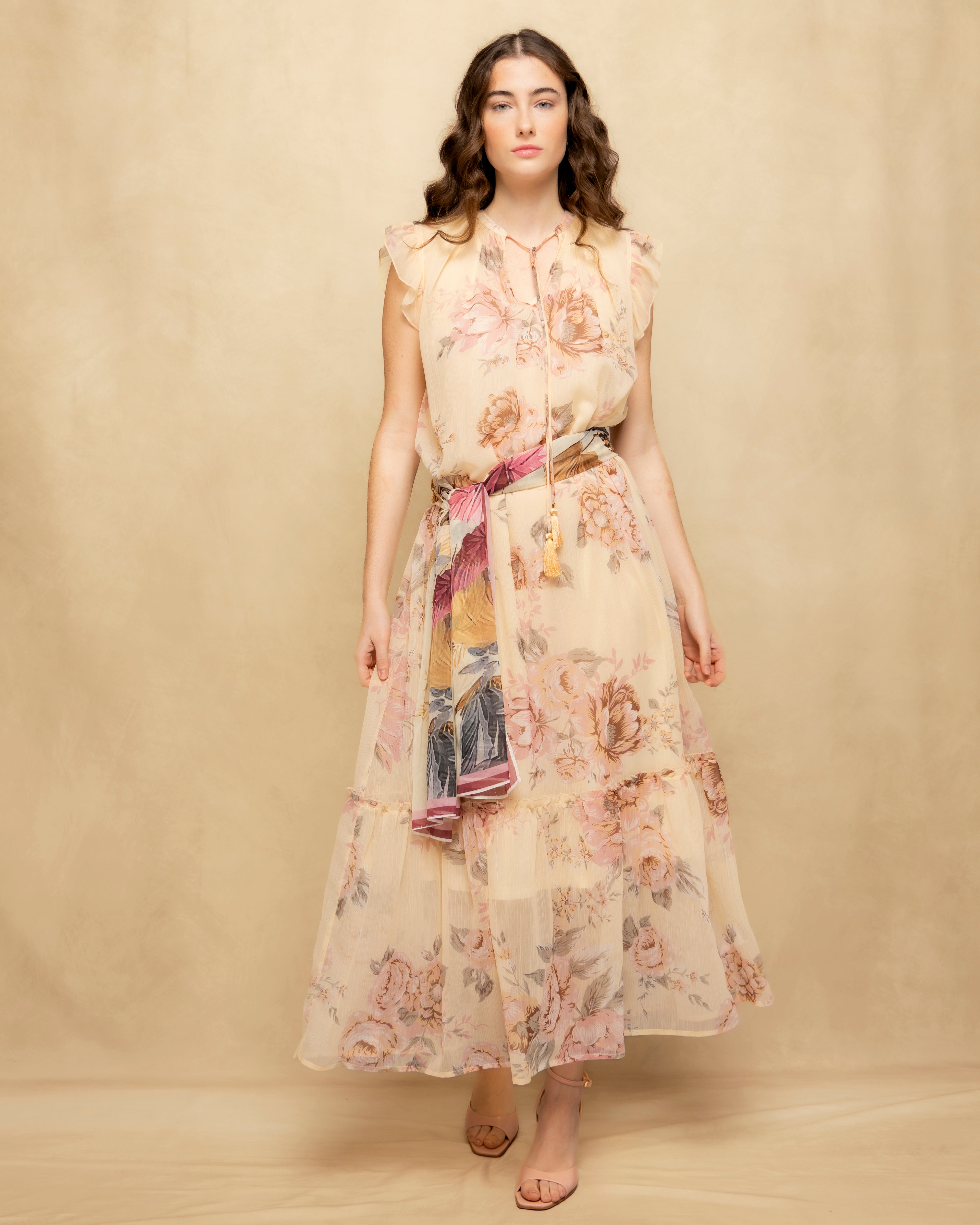 Vestido Comprido Floral com Folhos e Decote com Laço Amarelo-5