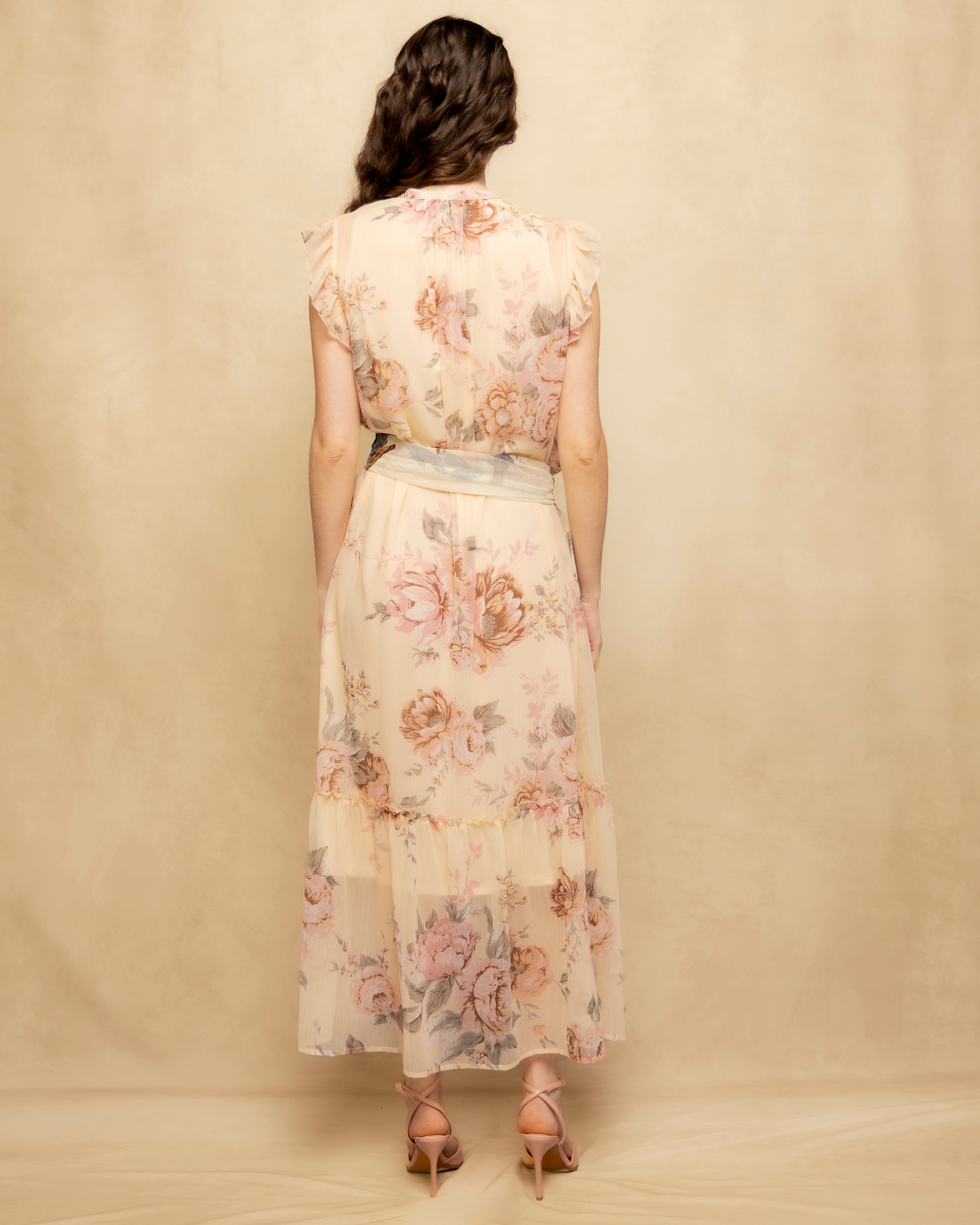 Vestido Comprido Floral com Folhos e Decote com Laço Amarelo-7