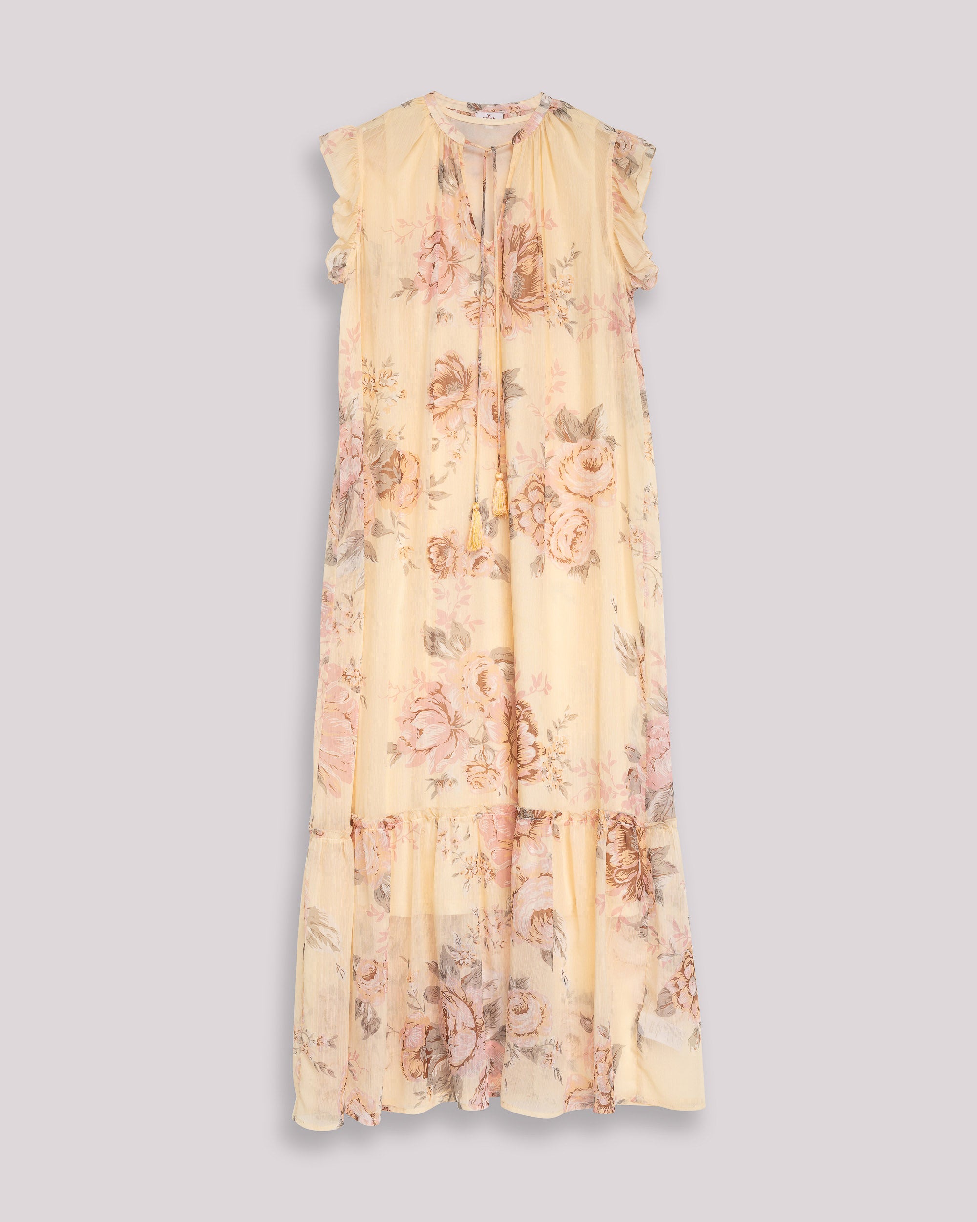 Vestido Comprido Floral com Folhos e Decote com Laço Amarelo-9