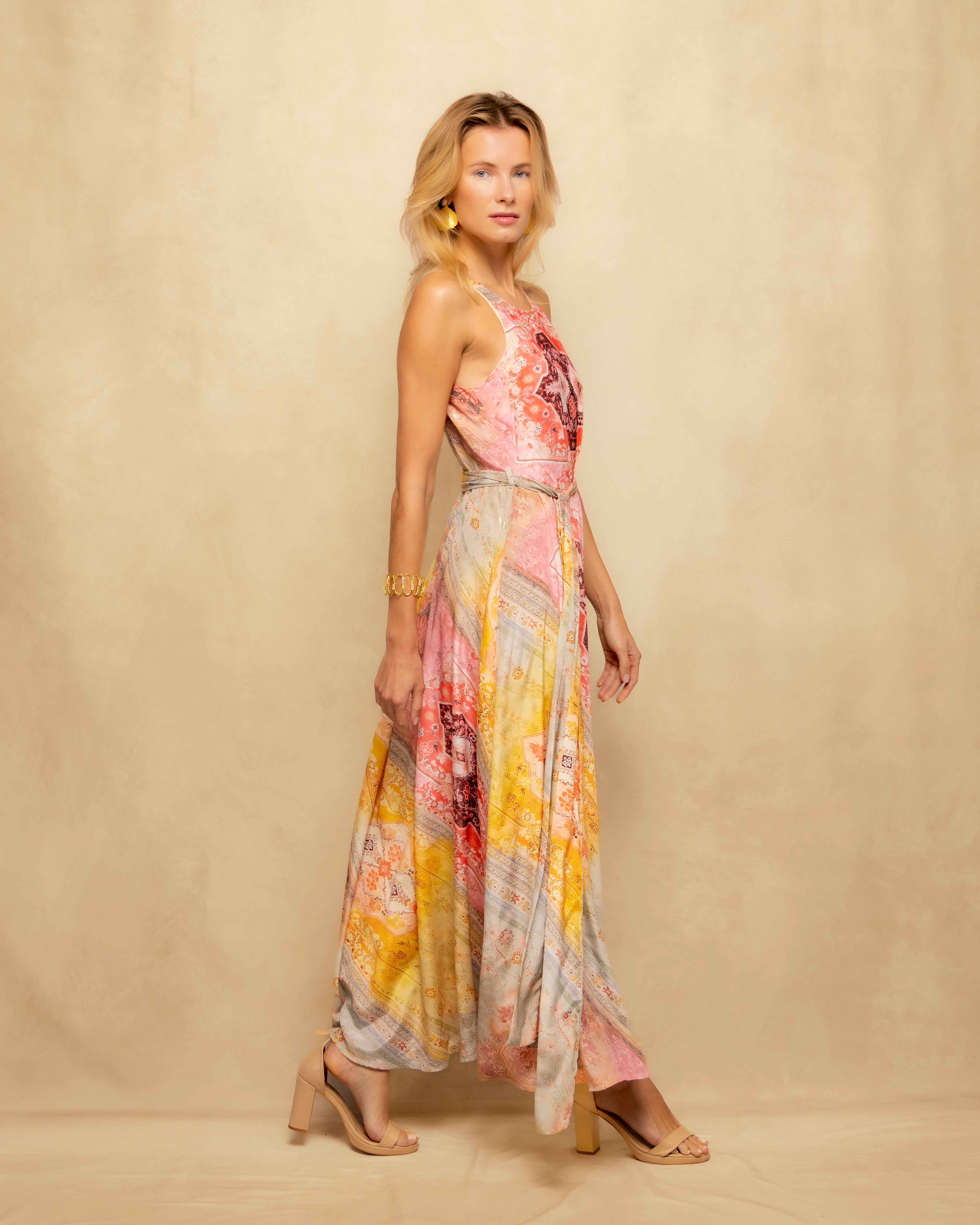 Vestido Comprido Estampado com Cinto Amarelo-5