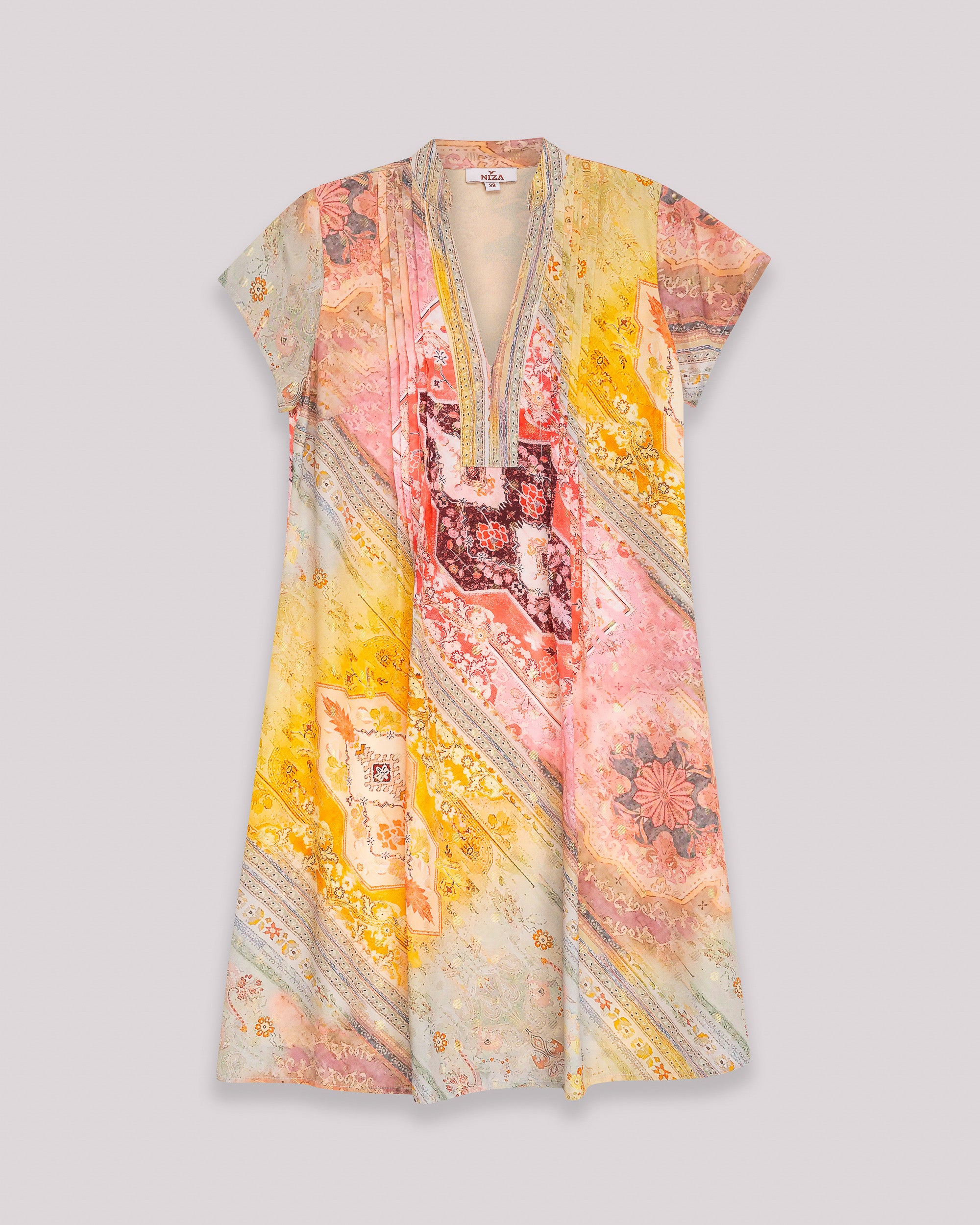 Vestido Curto de Inspiração Patchwork com Decote Decorado Amarelo-6