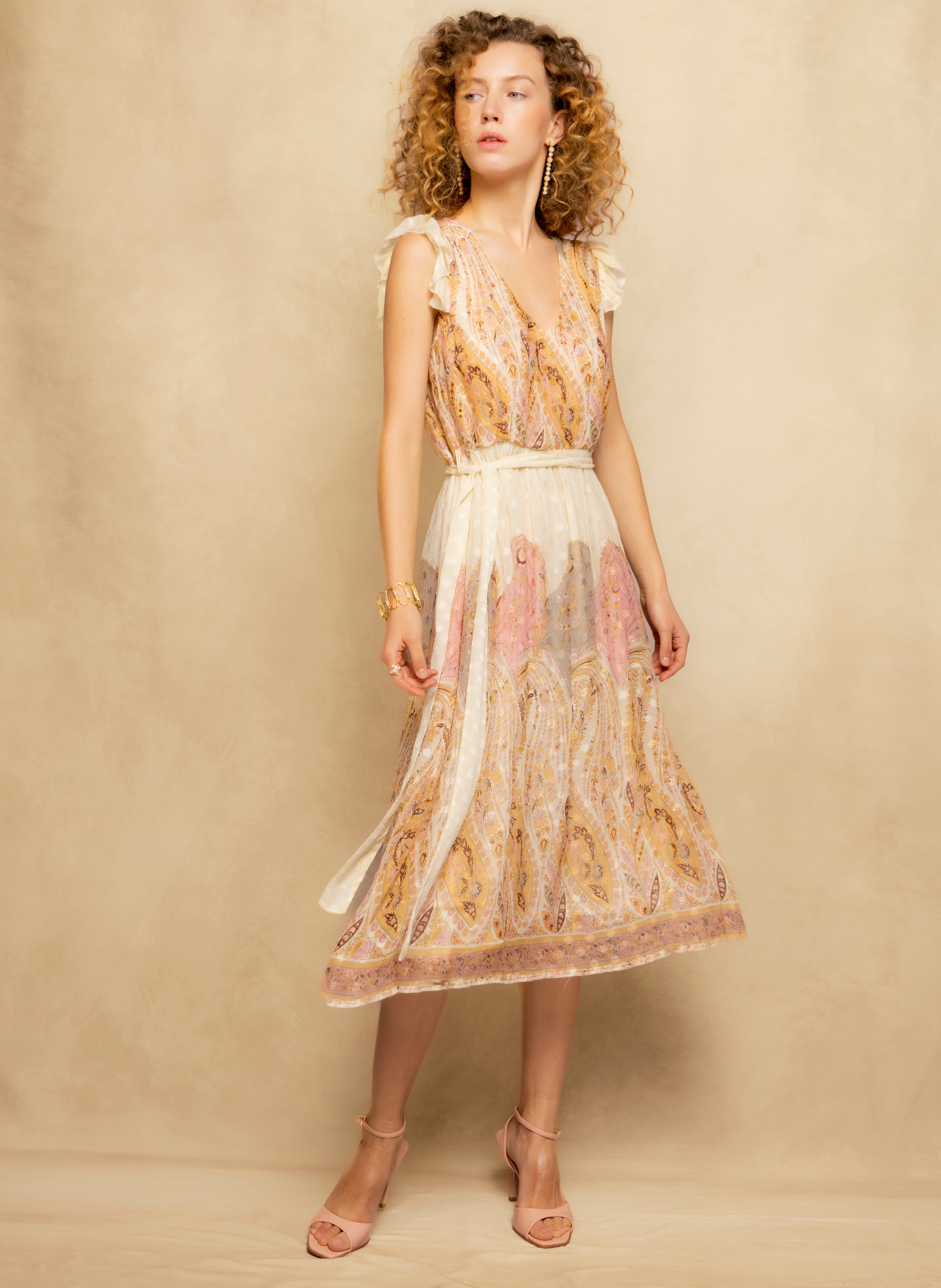 Vestido Midi Estampado com Decote em V Amarelo-2