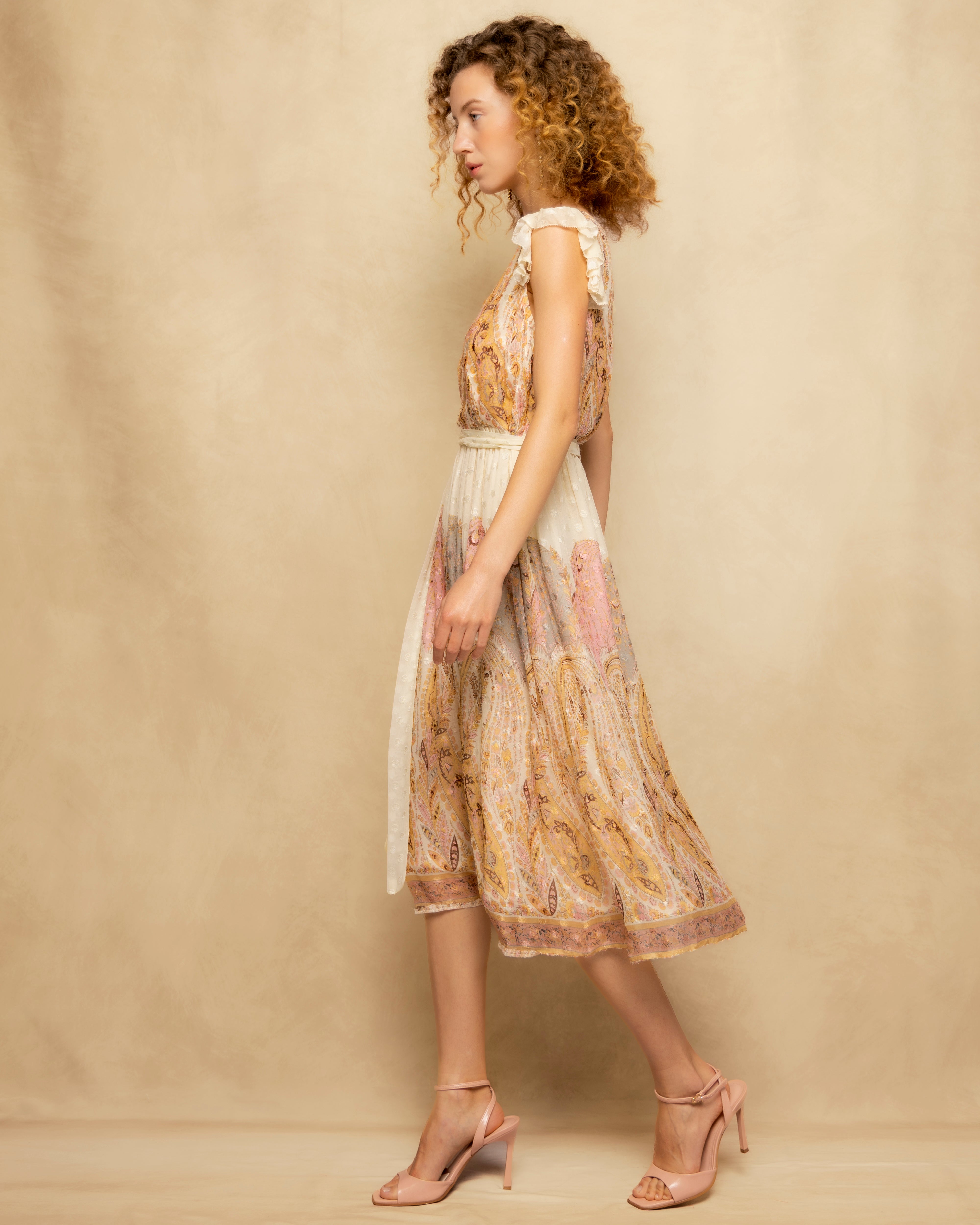 Vestido Midi Estampado com Decote em V Amarelo-5