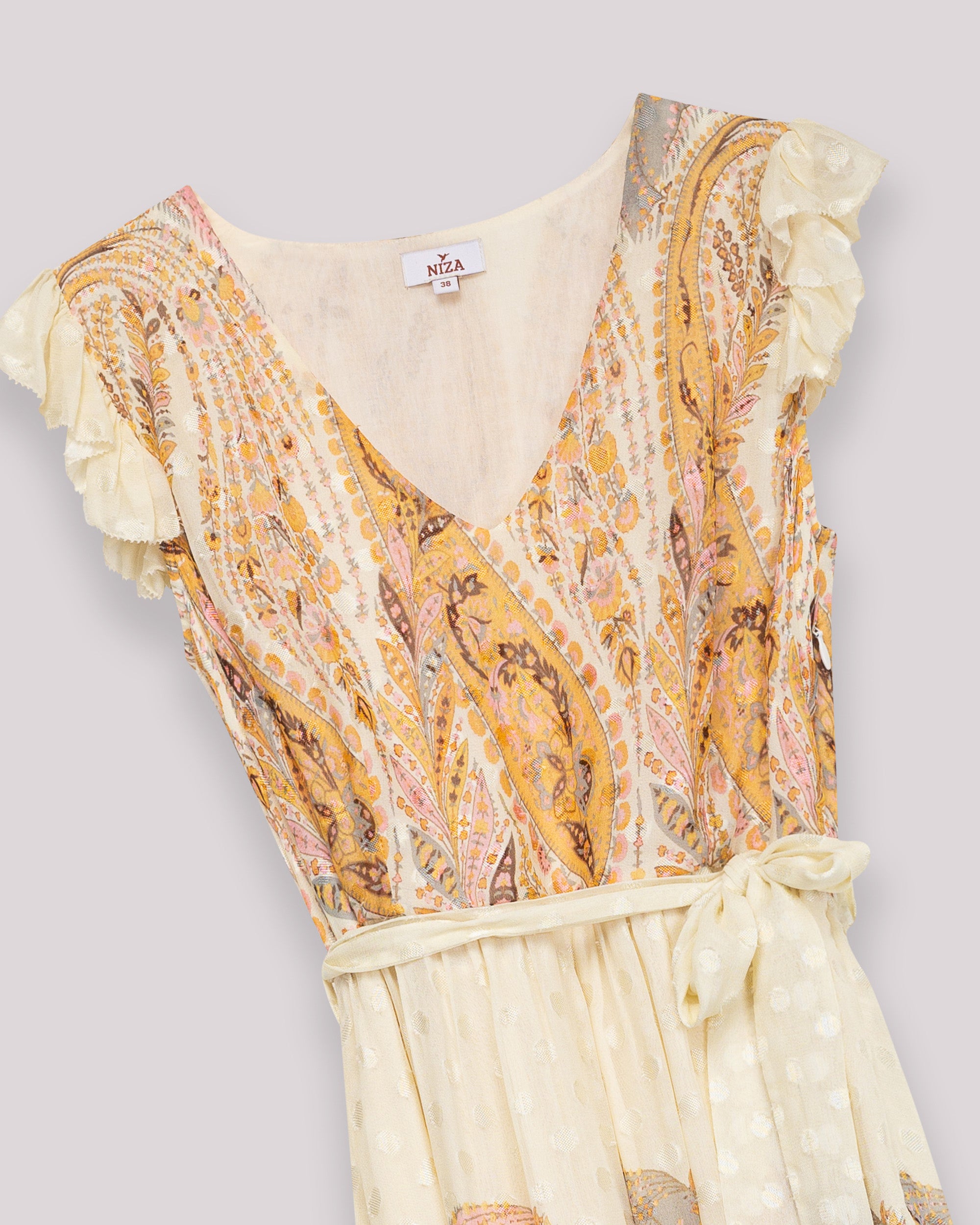 Vestido Midi Estampado com Decote em V Amarelo-9