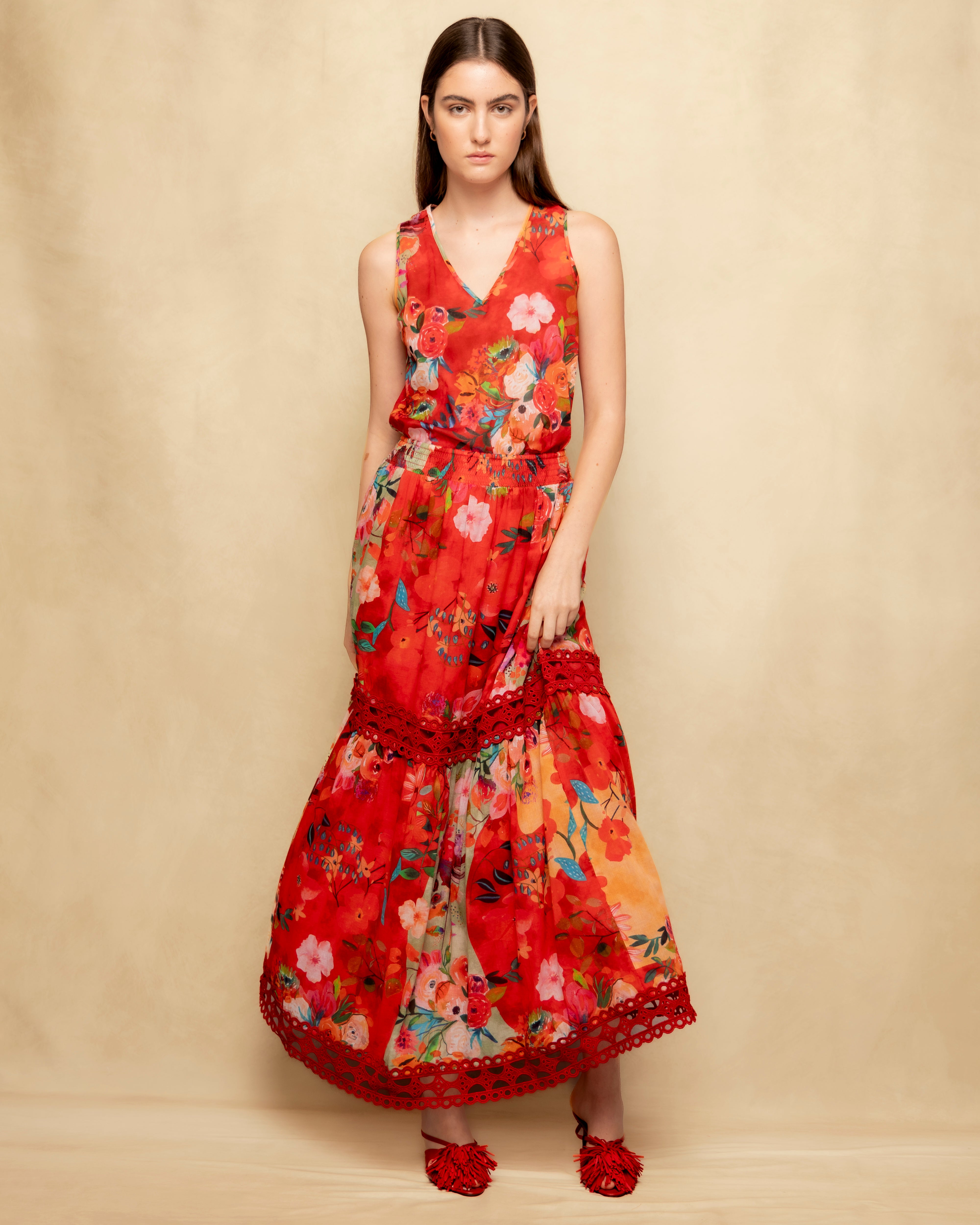 Colete Acolchoado com Estampado Floral Vermelho-7