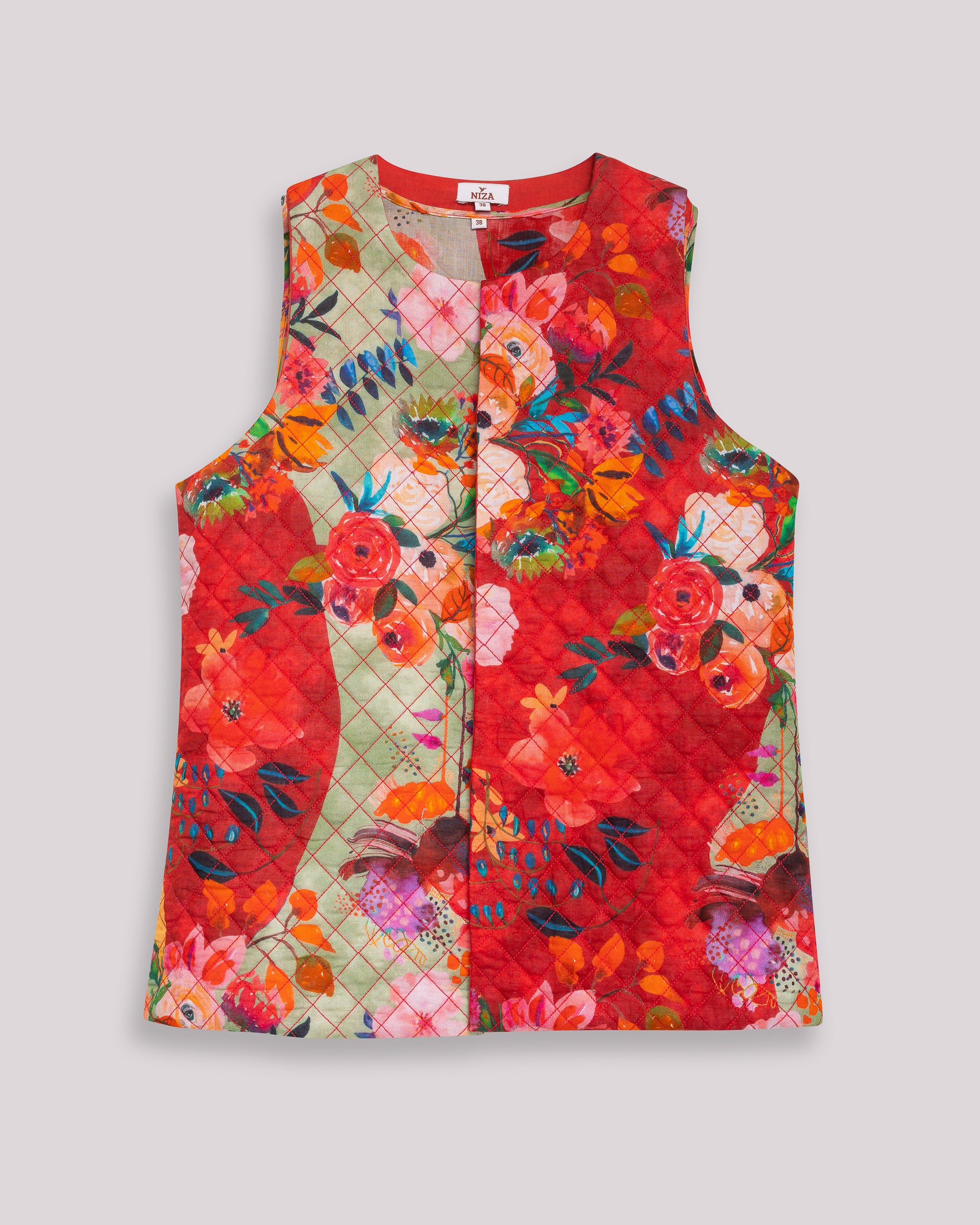 Colete Acolchoado com Estampado Floral Vermelho-8