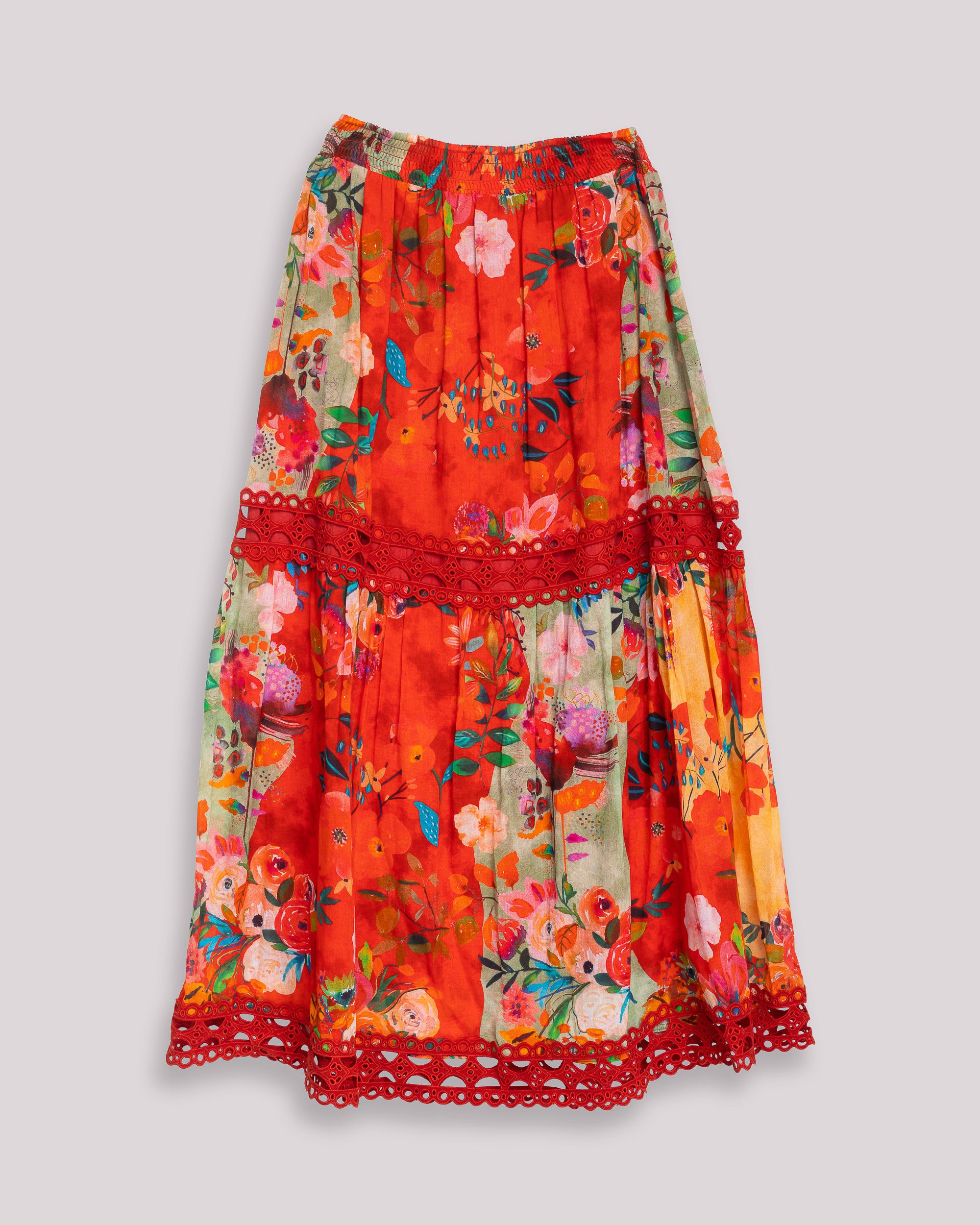 Saia Comprida Floral com Renda e Volume Vermelho-9