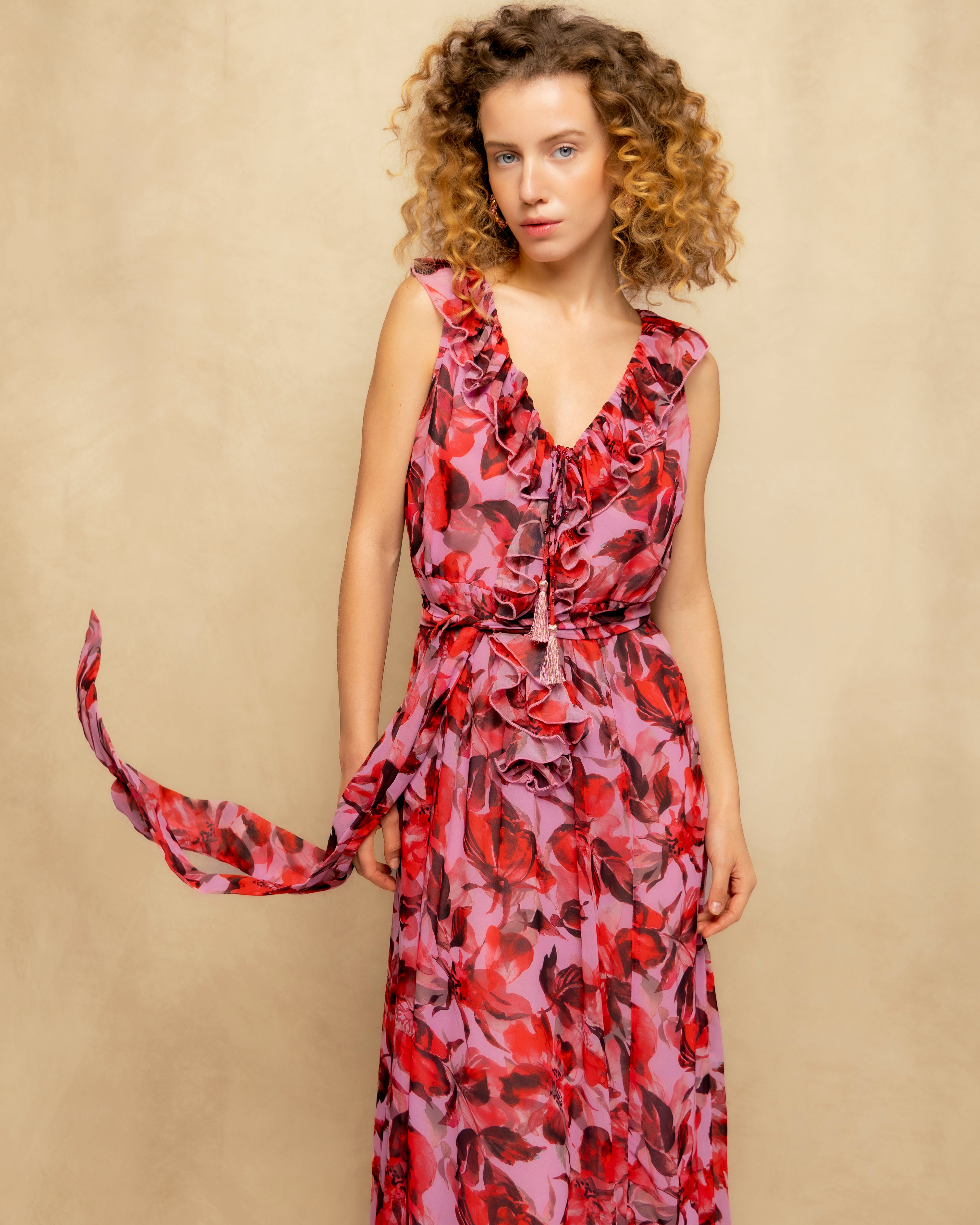 Vestido Comprido Estampado com Folhos e Decote com Laço Fúcsia-3
