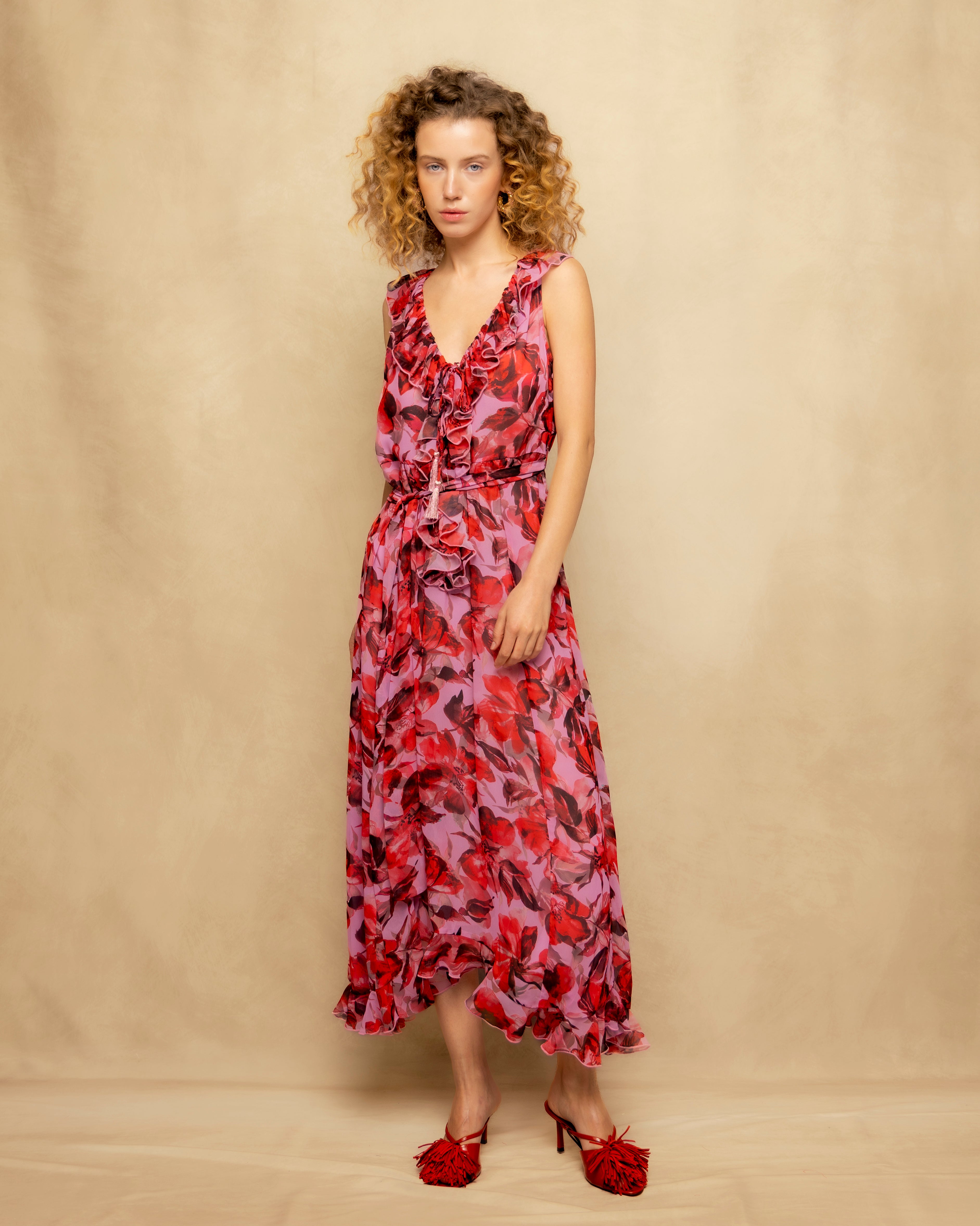 Vestido Comprido Estampado com Folhos e Decote com Laço Fúcsia-5