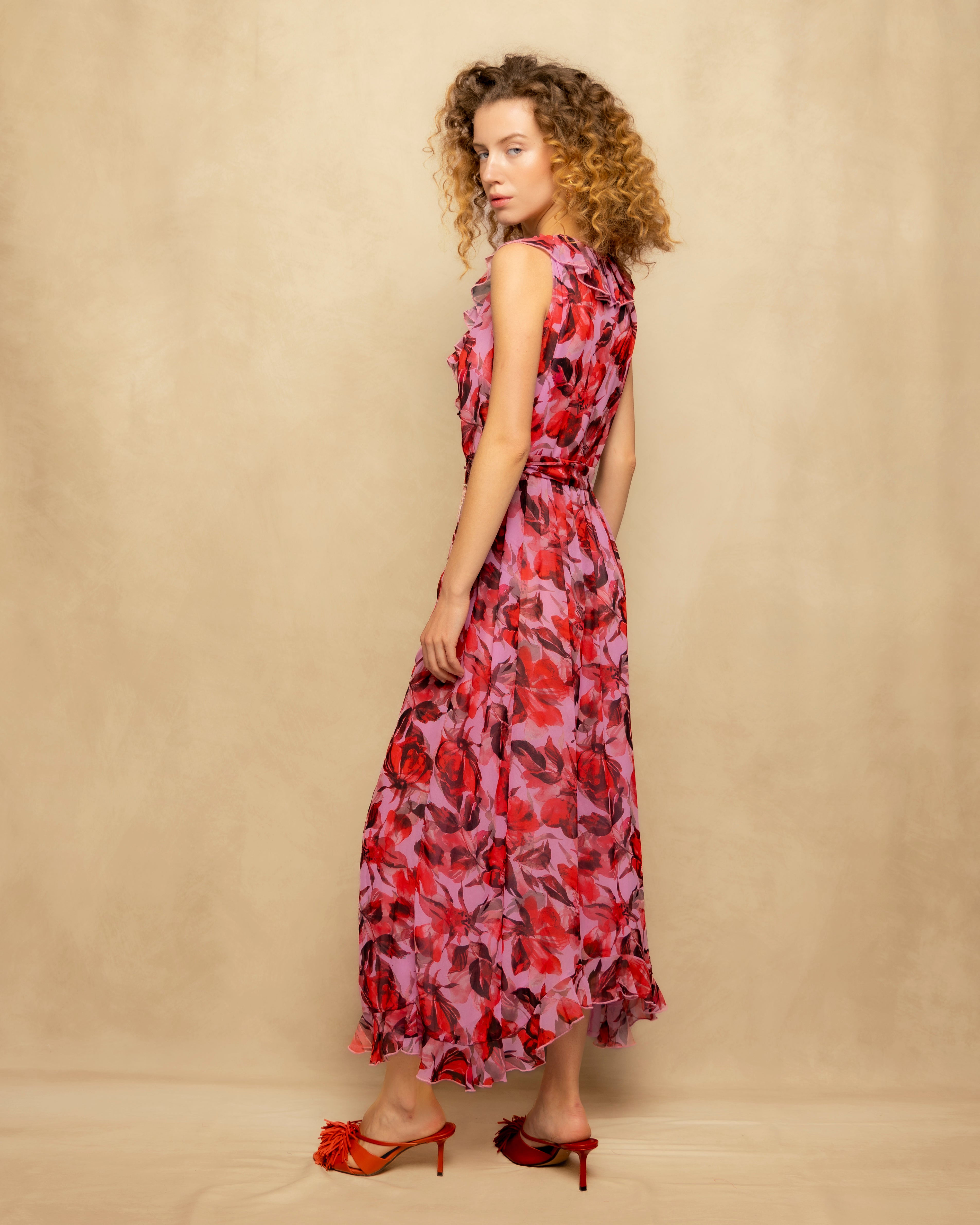 Vestido Comprido Estampado com Folhos e Decote com Laço Fúcsia-6