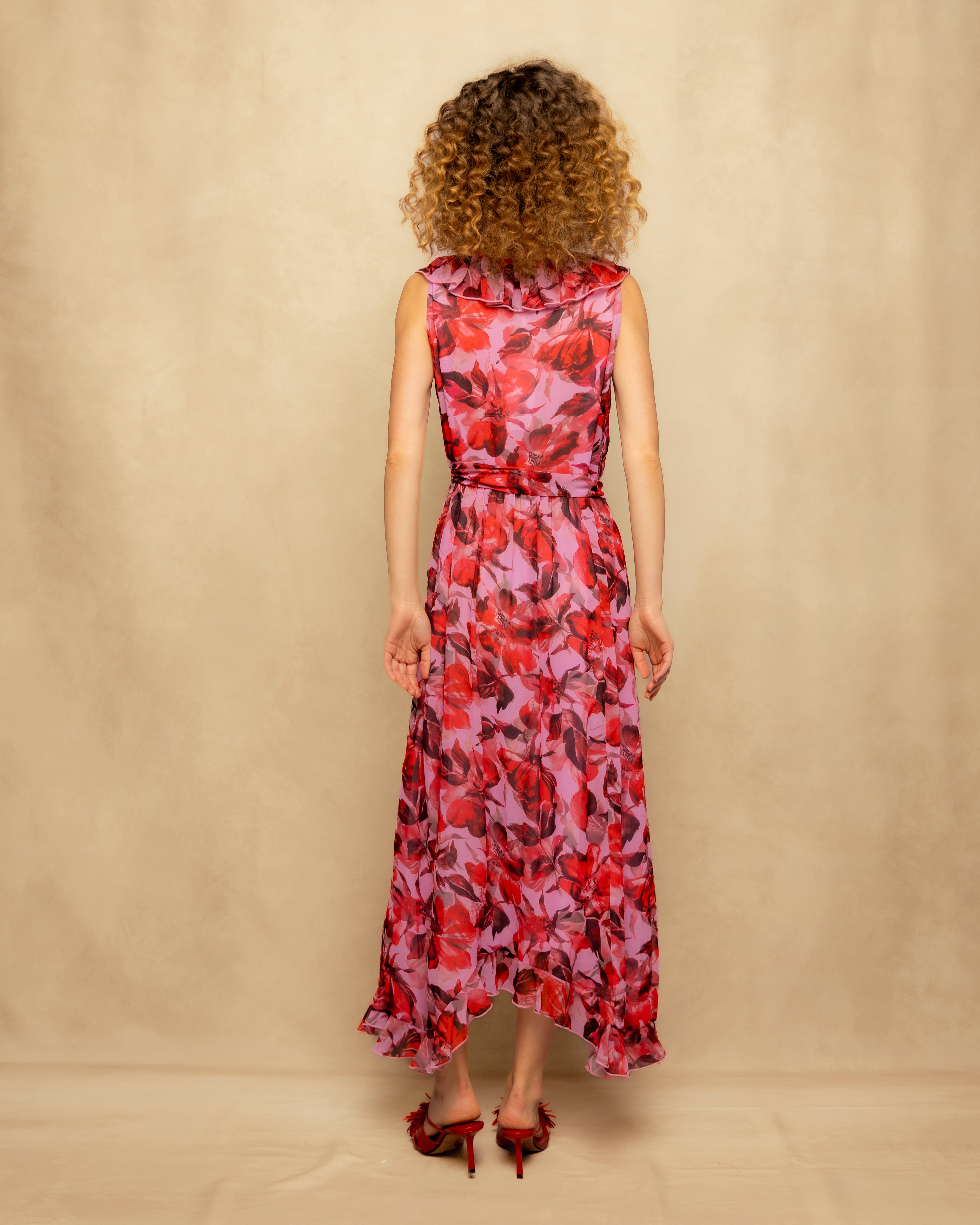 Vestido Comprido Estampado com Folhos e Decote com Laço Fúcsia-7