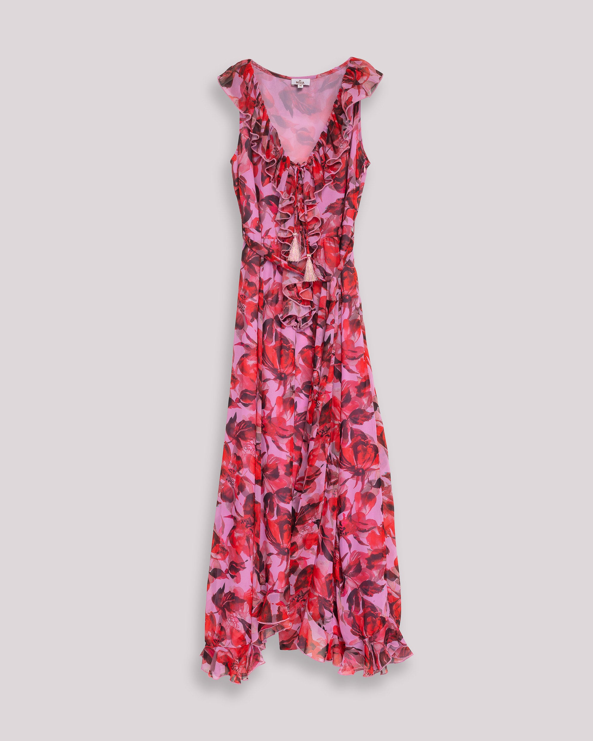 Vestido Comprido Estampado com Folhos e Decote com Laço Fúcsia-8