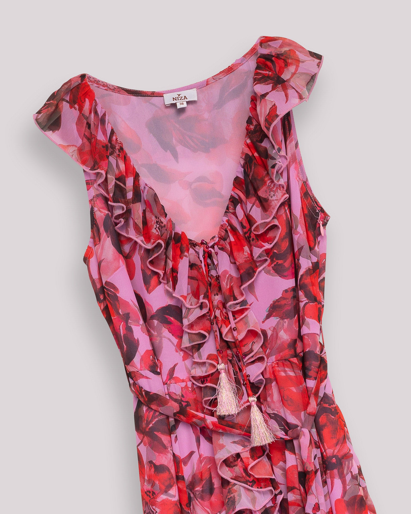 Vestido Comprido Estampado com Folhos e Decote com Laço Fúcsia-9