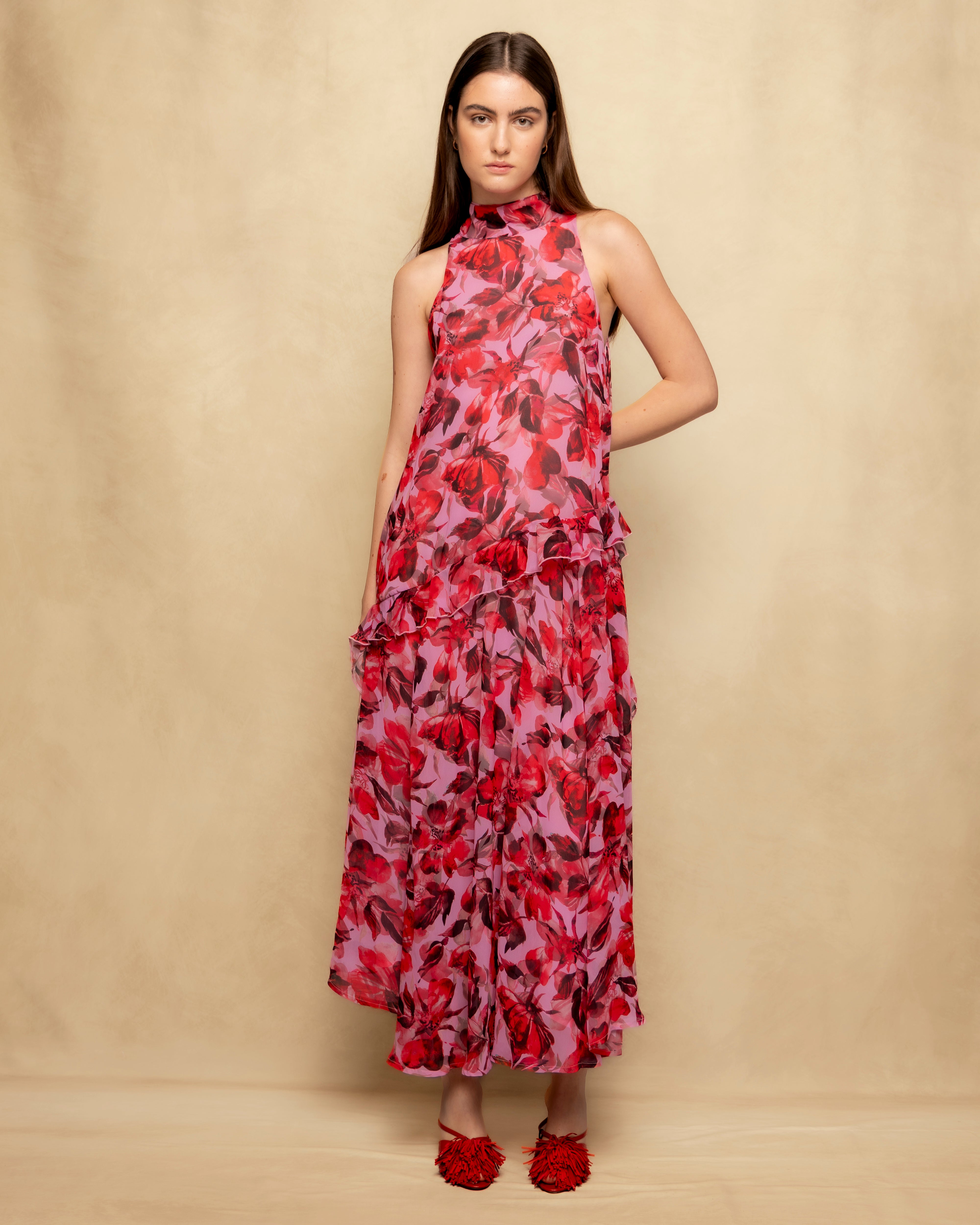 Vestido Comprido Halter com Volume e Estampado Floral Fúcsia-1