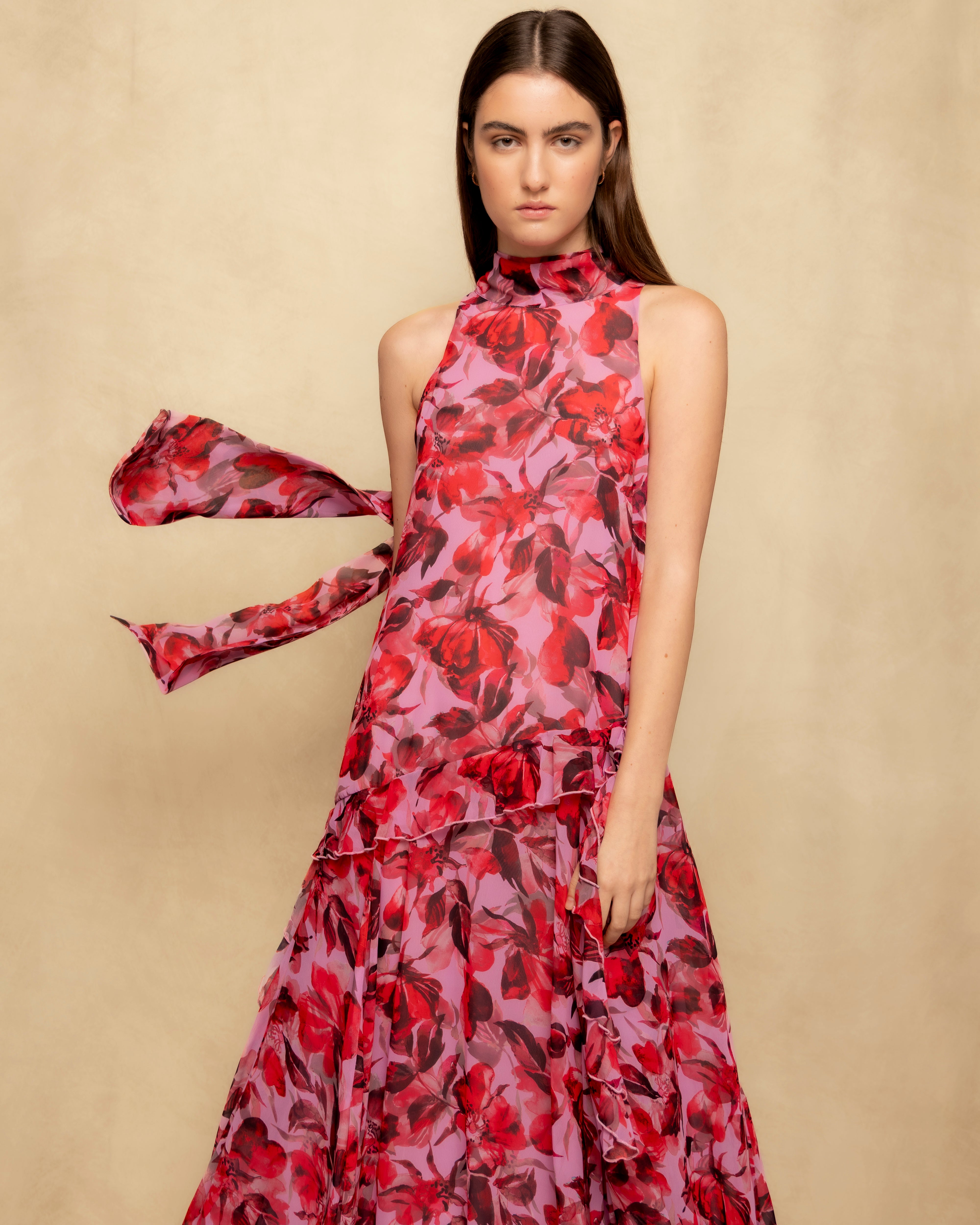 Vestido Comprido Halter com Volume e Estampado Floral Fúcsia-2