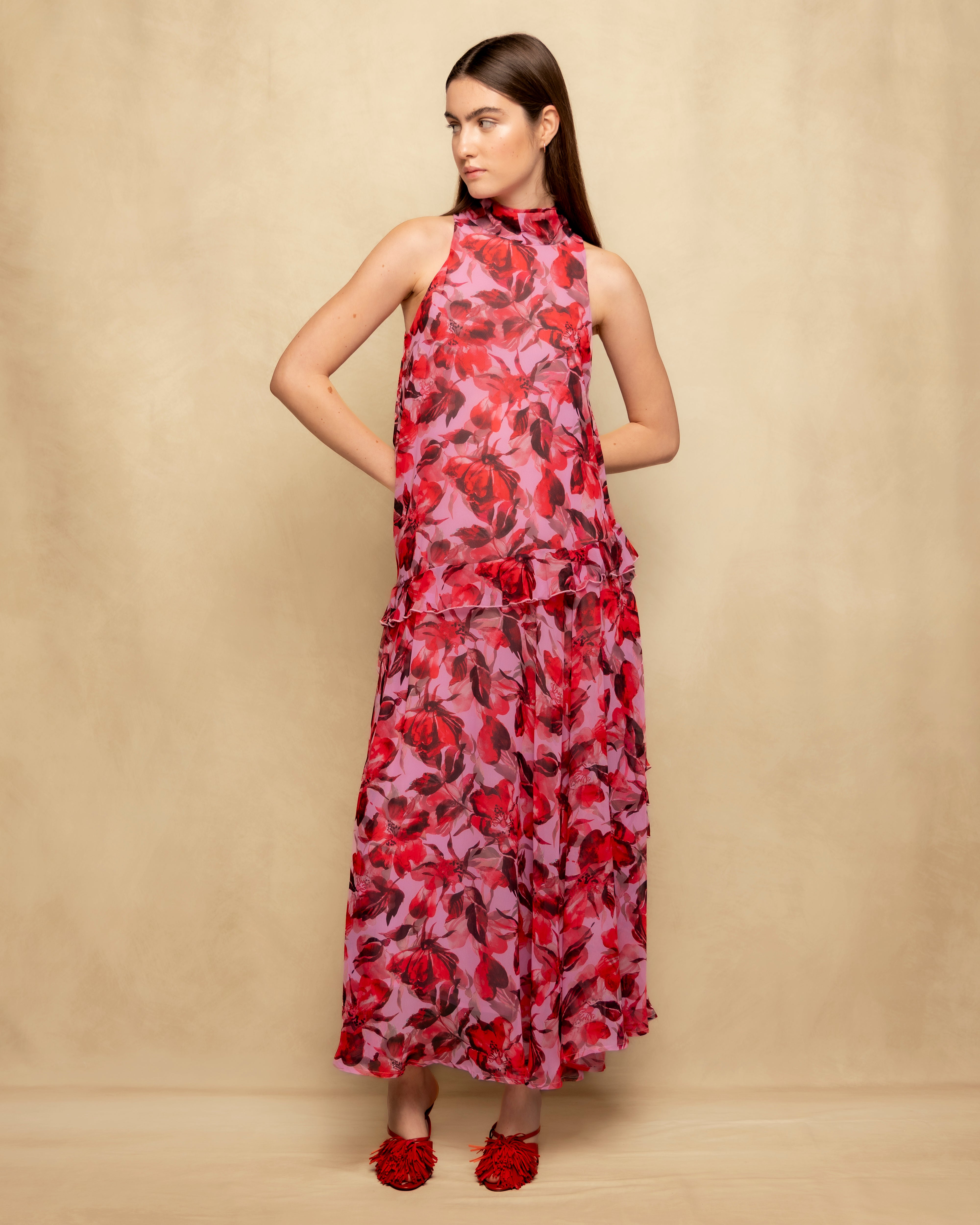 Vestido Comprido Halter com Volume e Estampado Floral Fúcsia-3