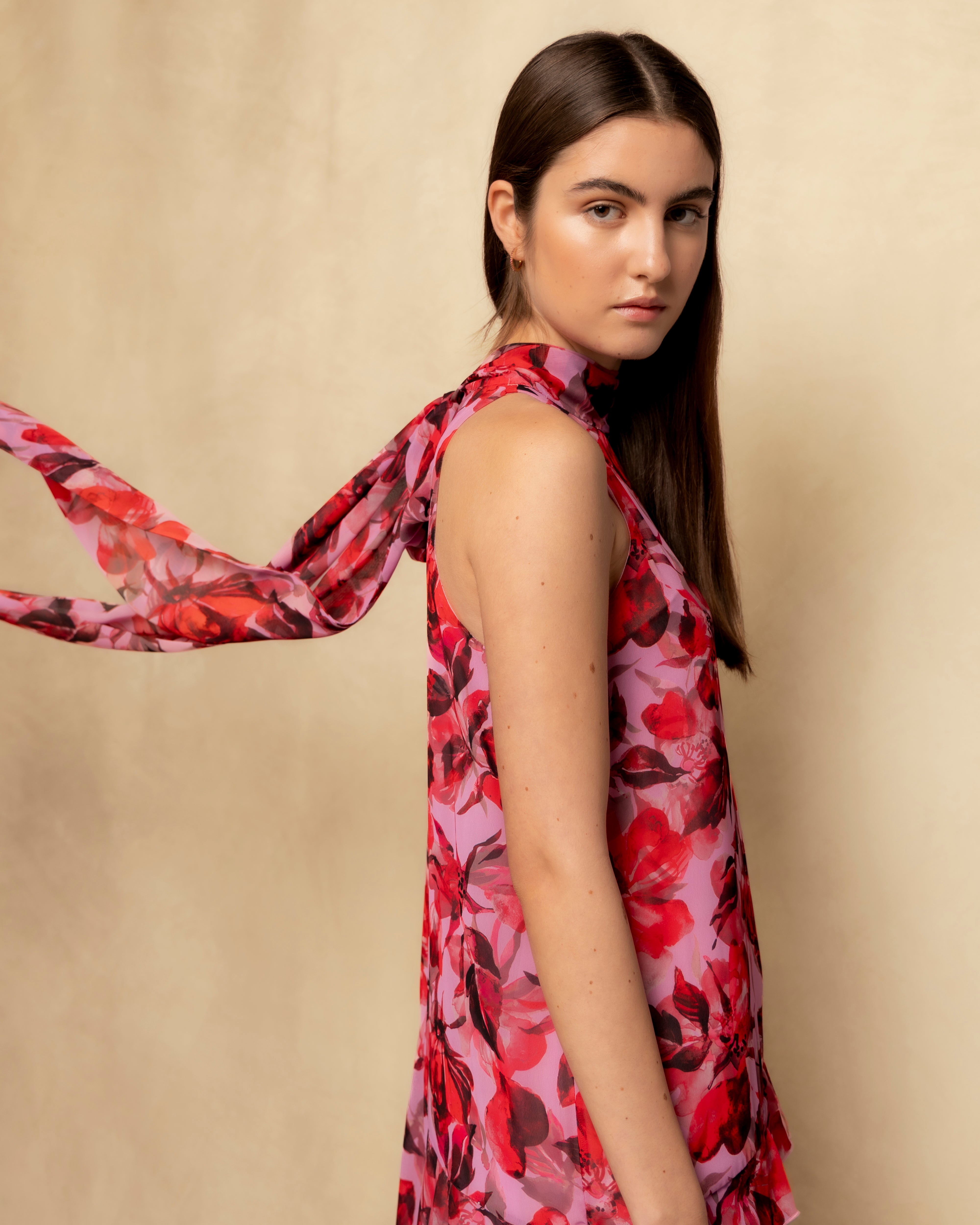 Vestido Comprido Halter com Volume e Estampado Floral Fúcsia-5