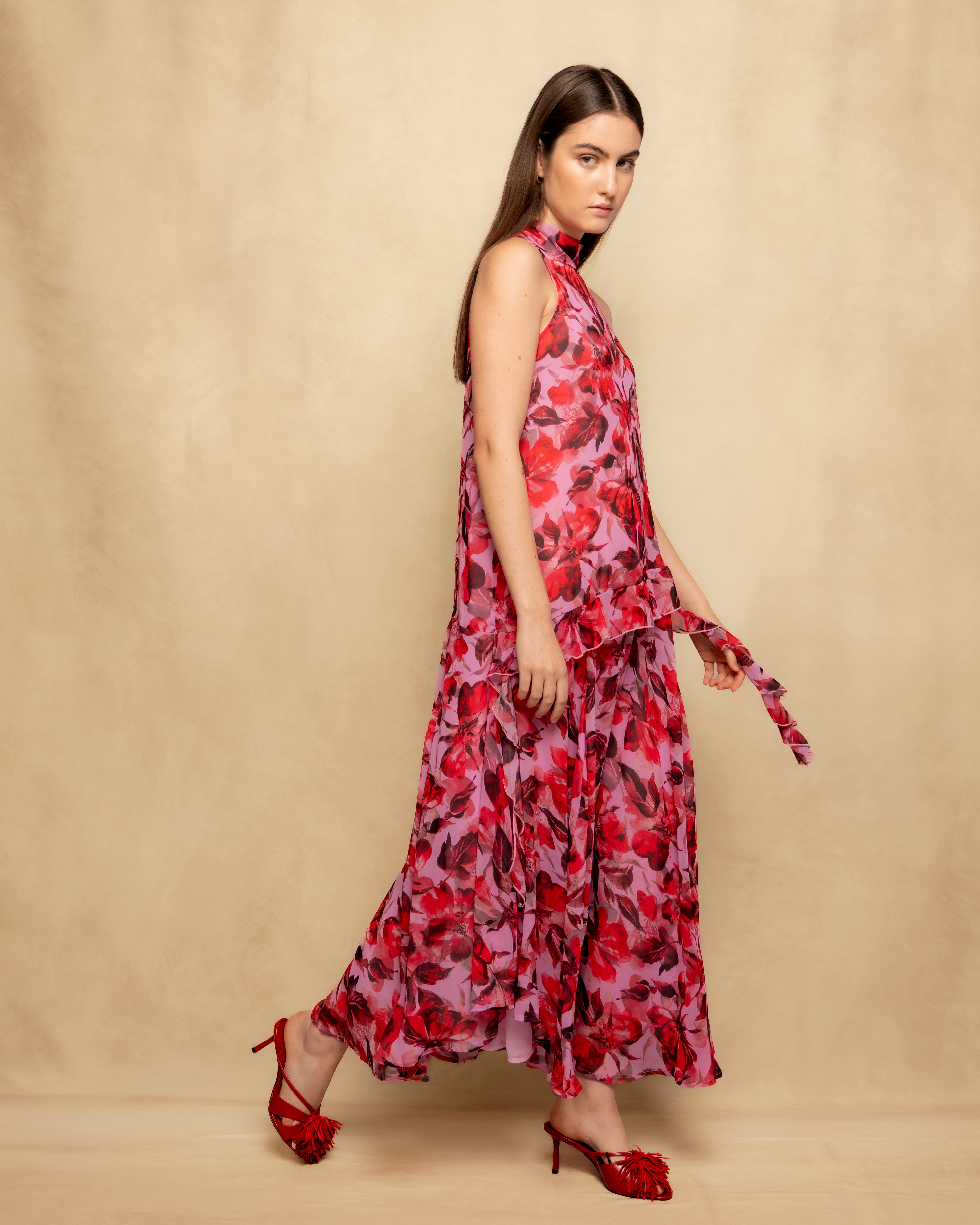 Vestido Comprido Halter com Volume e Estampado Floral Fúcsia-6