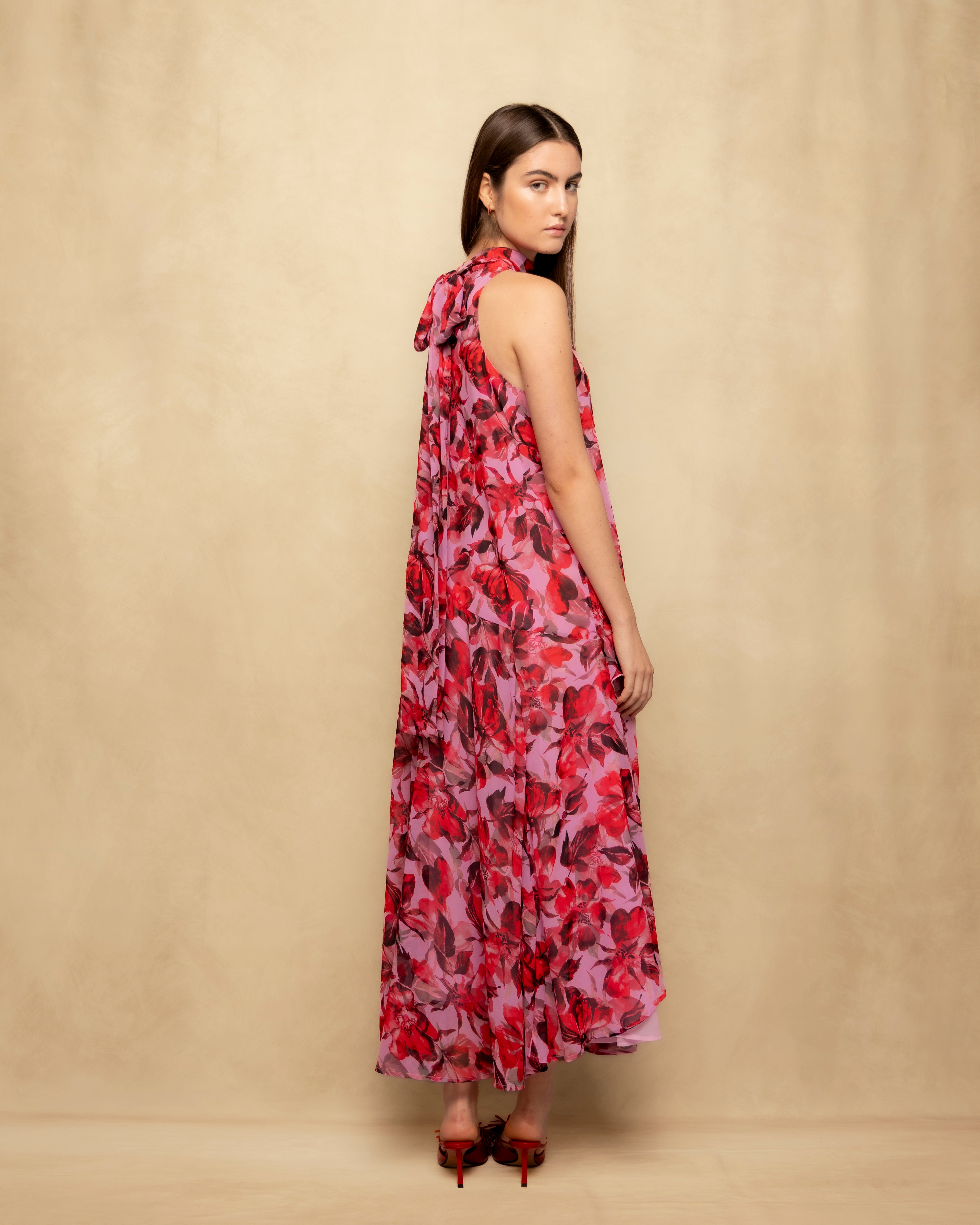 Vestido Comprido Halter com Volume e Estampado Floral Fúcsia-7