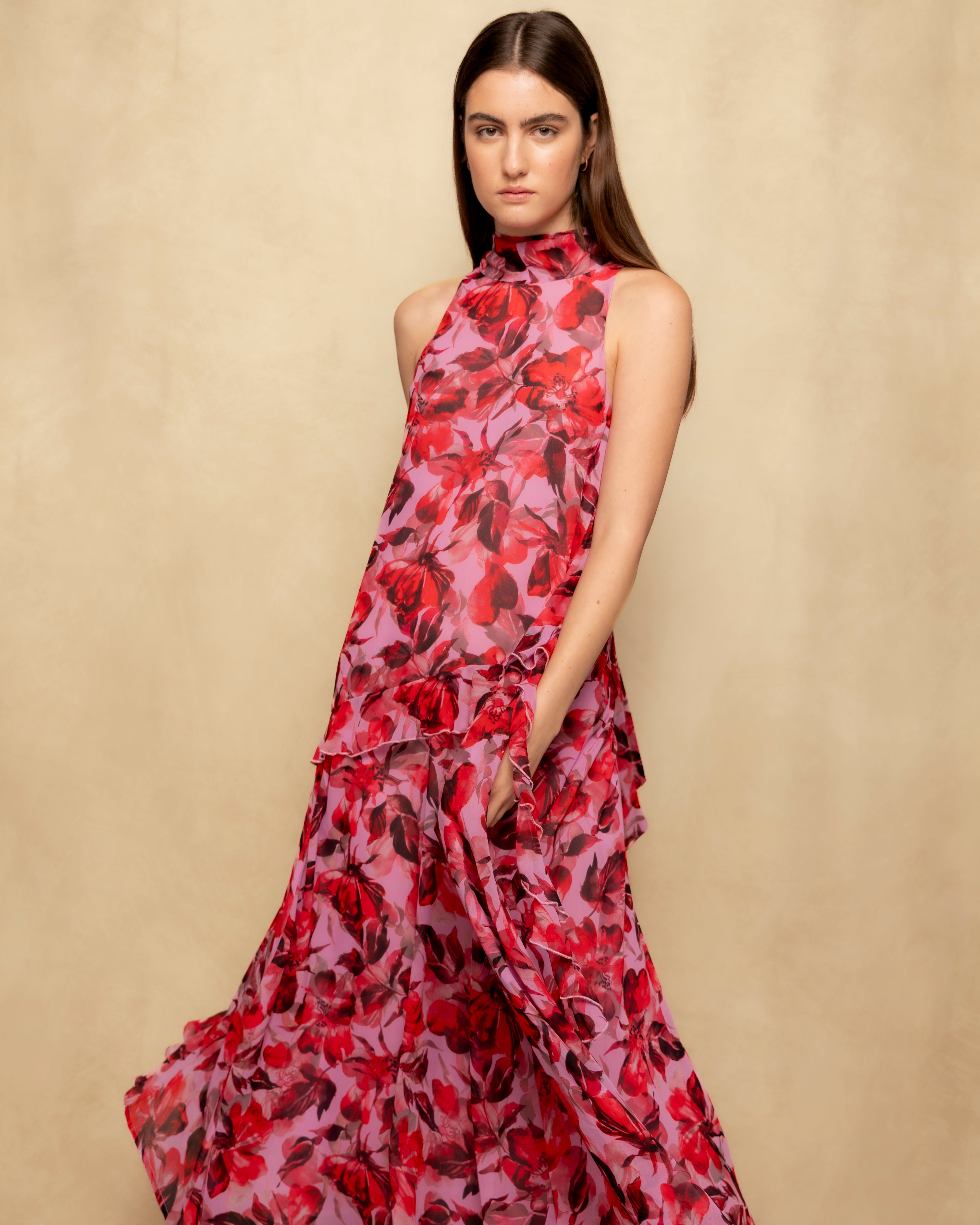 Vestido Comprido Halter com Volume e Estampado Floral Fúcsia-8
