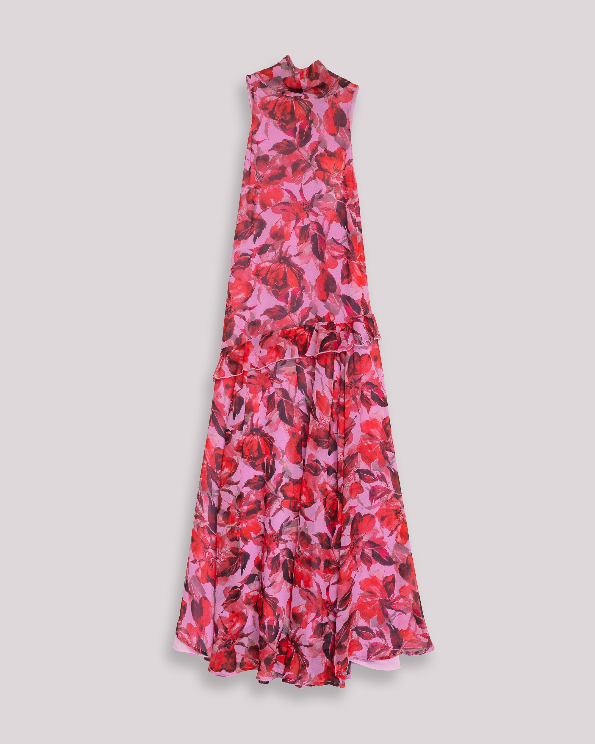 Vestido Comprido Halter com Volume e Estampado Floral Fúcsia-9