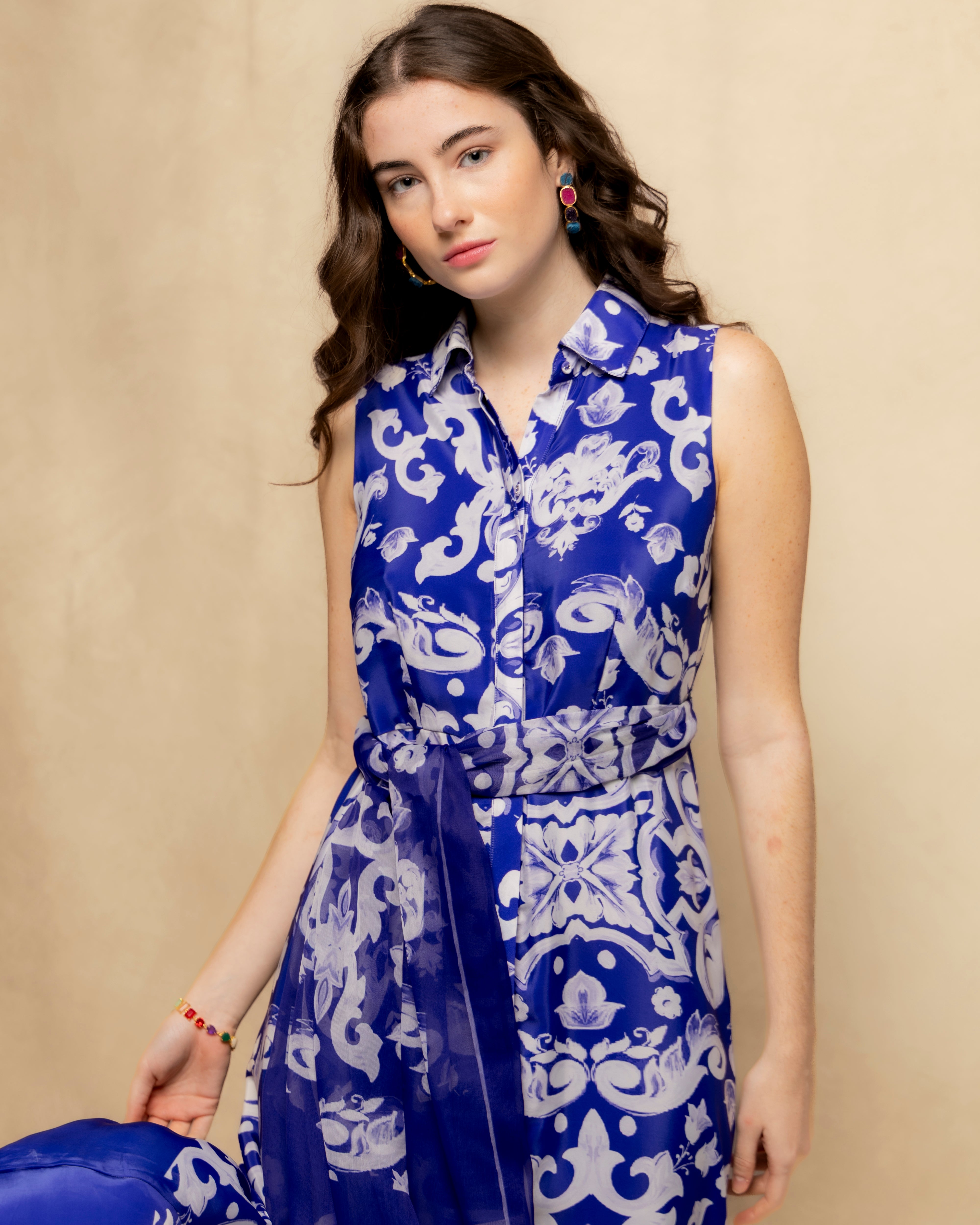 Vestido Midi Estampado com Laçada Azul-2