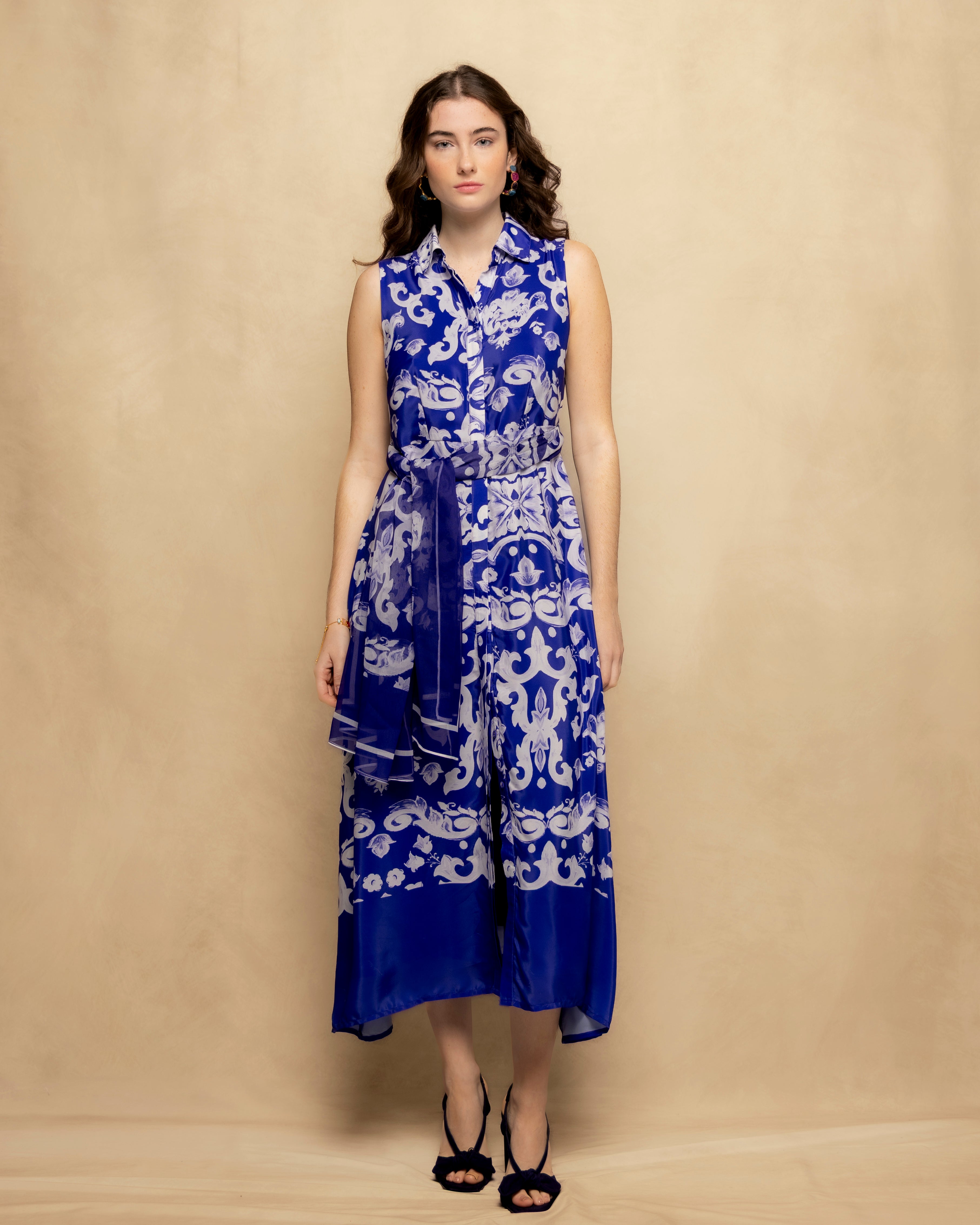 Vestido Midi Estampado com Laçada Azul-3
