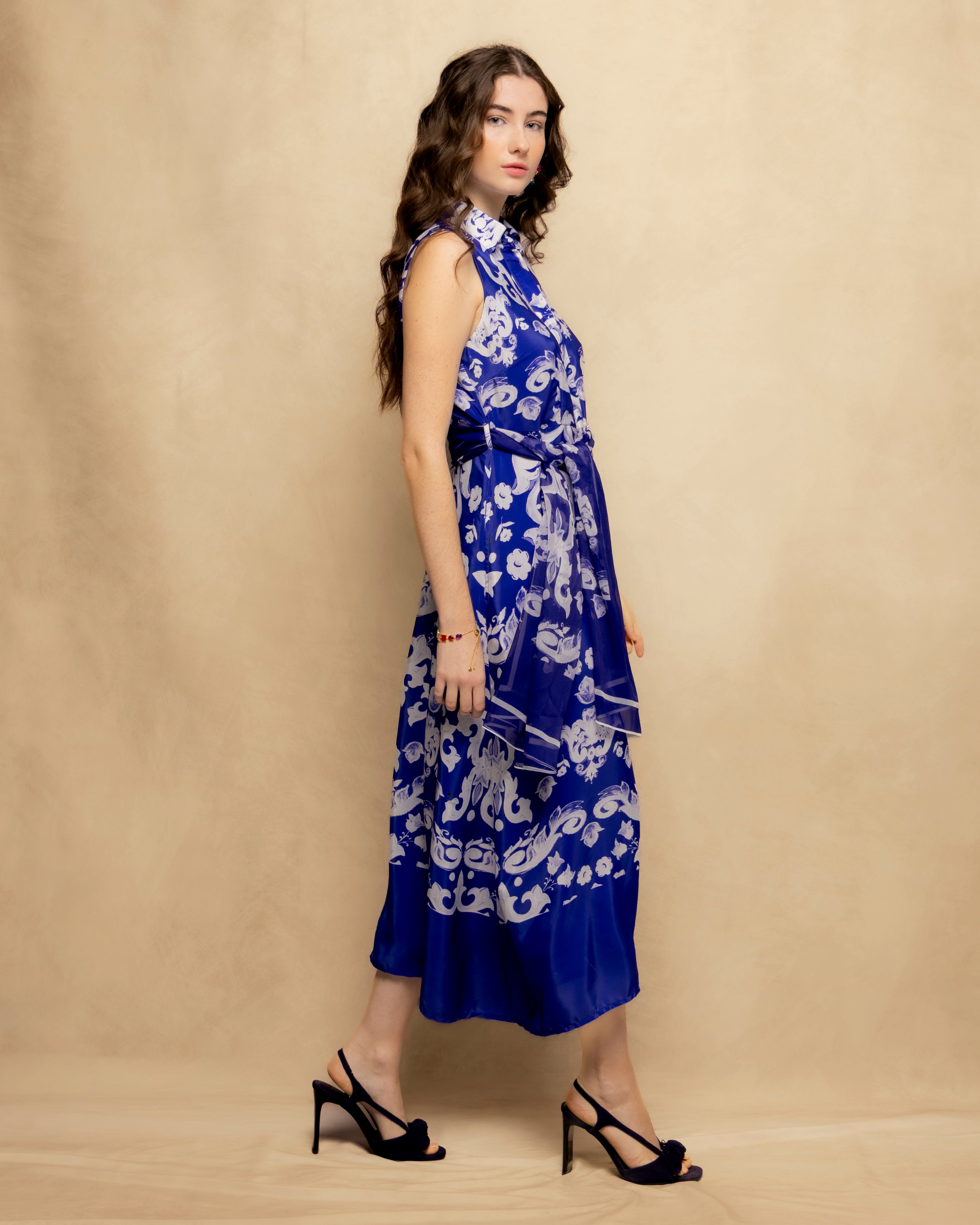 Vestido Midi Estampado com Laçada Azul-4