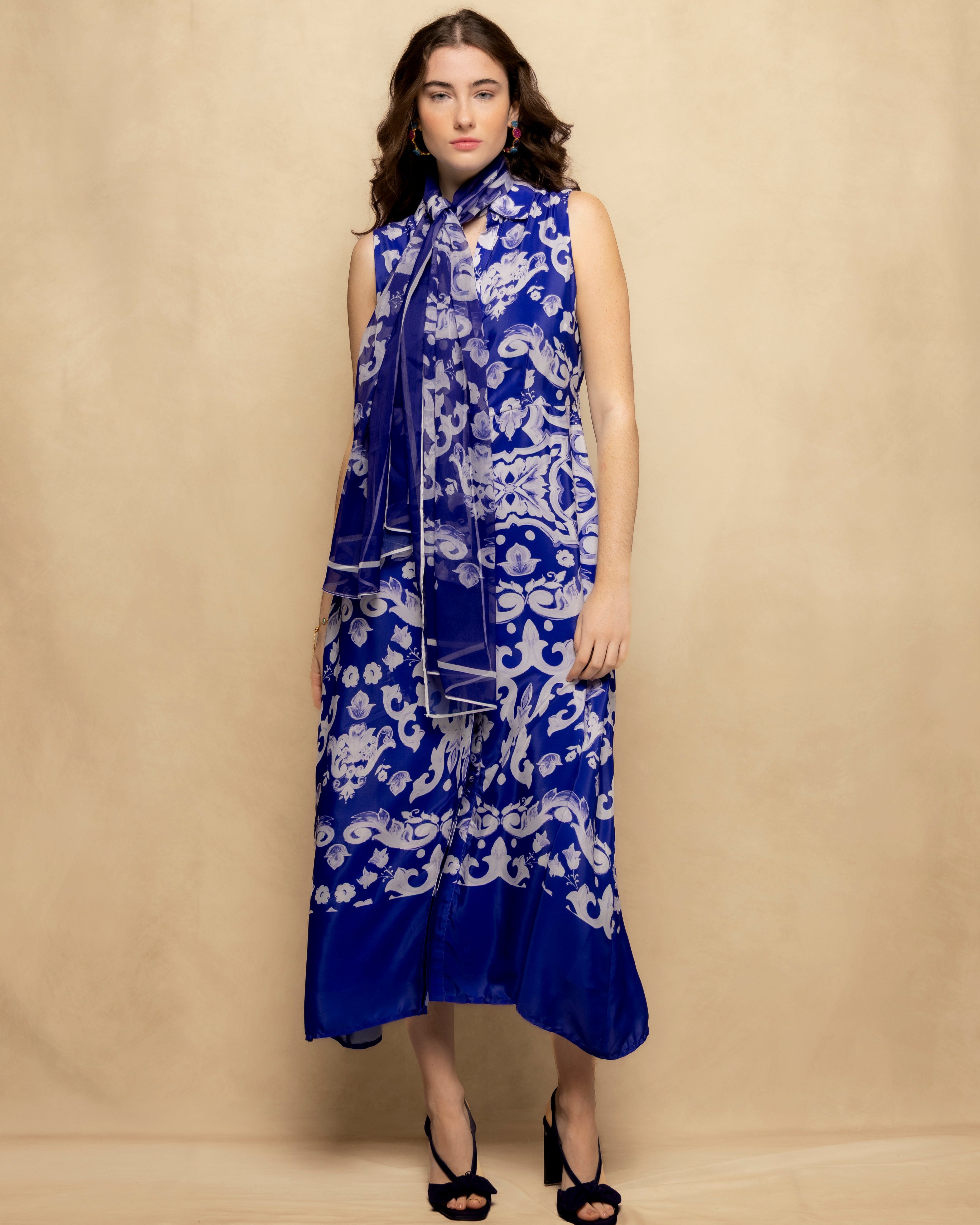 Vestido Midi Estampado com Laçada Azul-5