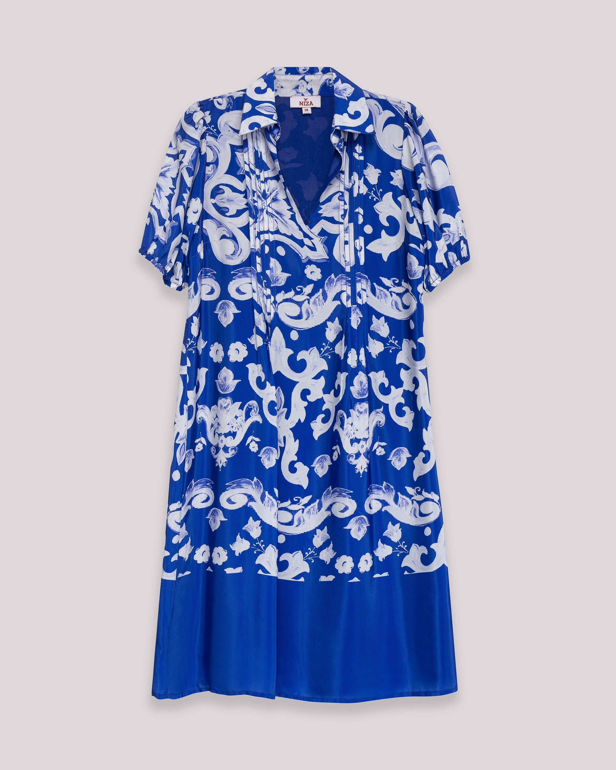 Vestido Curto Estampado de Manga Curta Azul-7