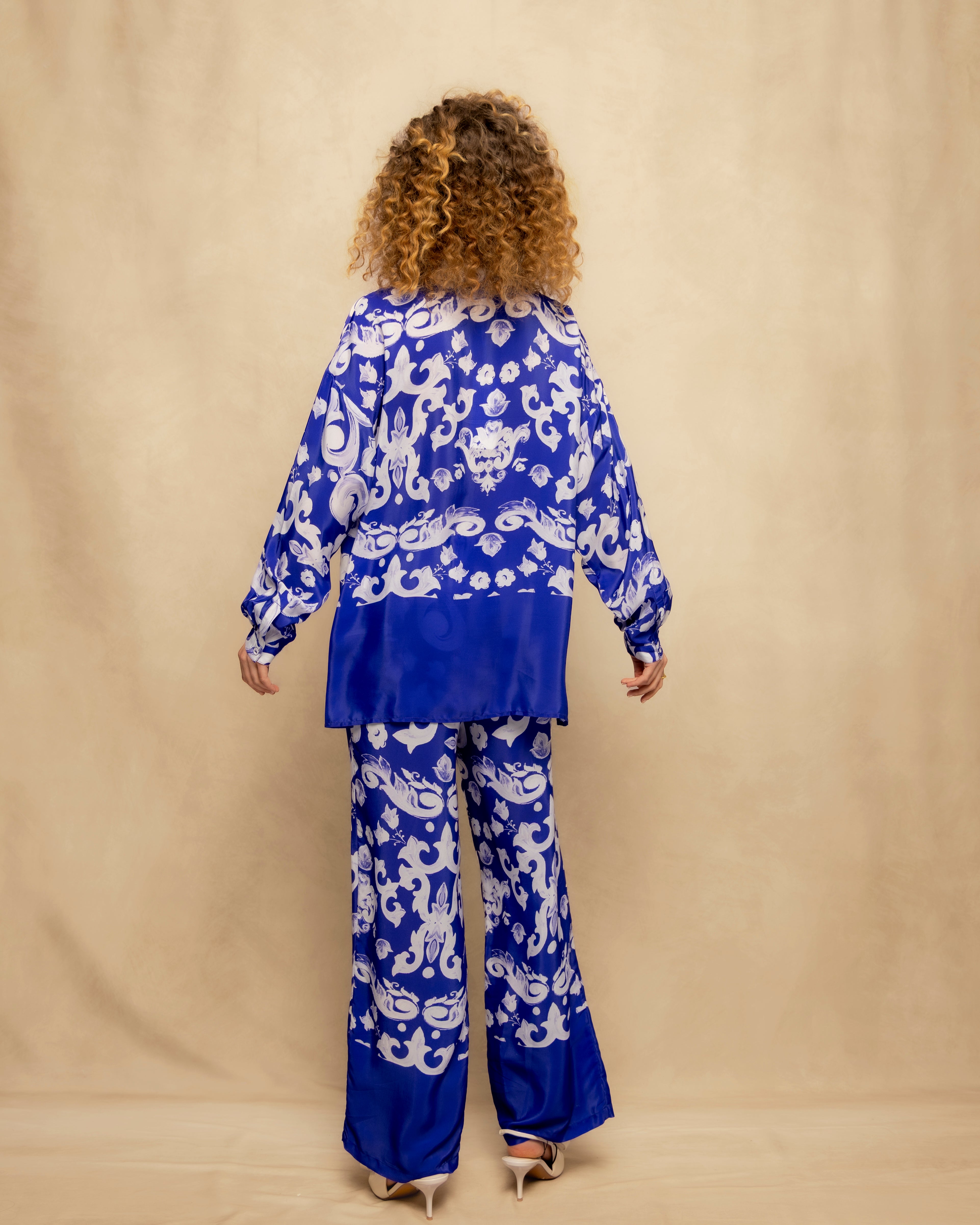 Calças Largas Fluidas Estampadas com Cintura Elástica Azul-6