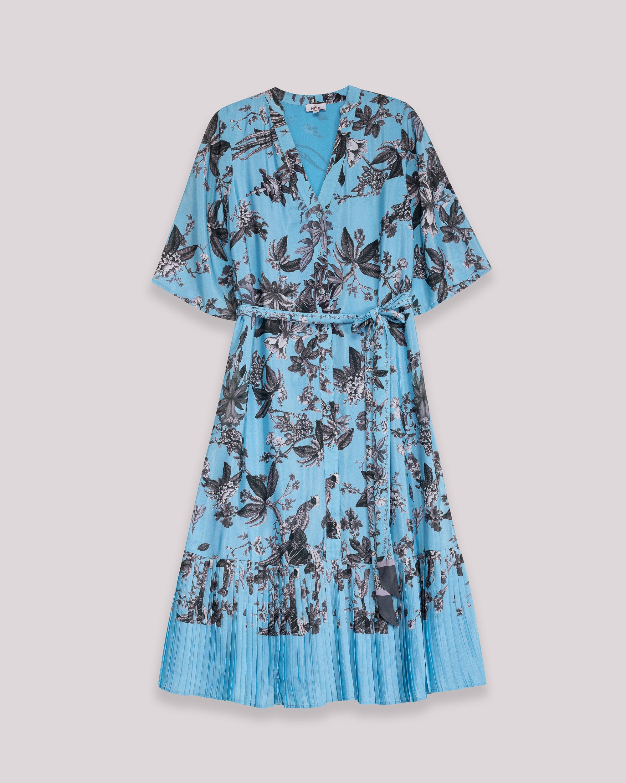 Vestido Midi Estampado com Decote em V e Cinto Azul-7