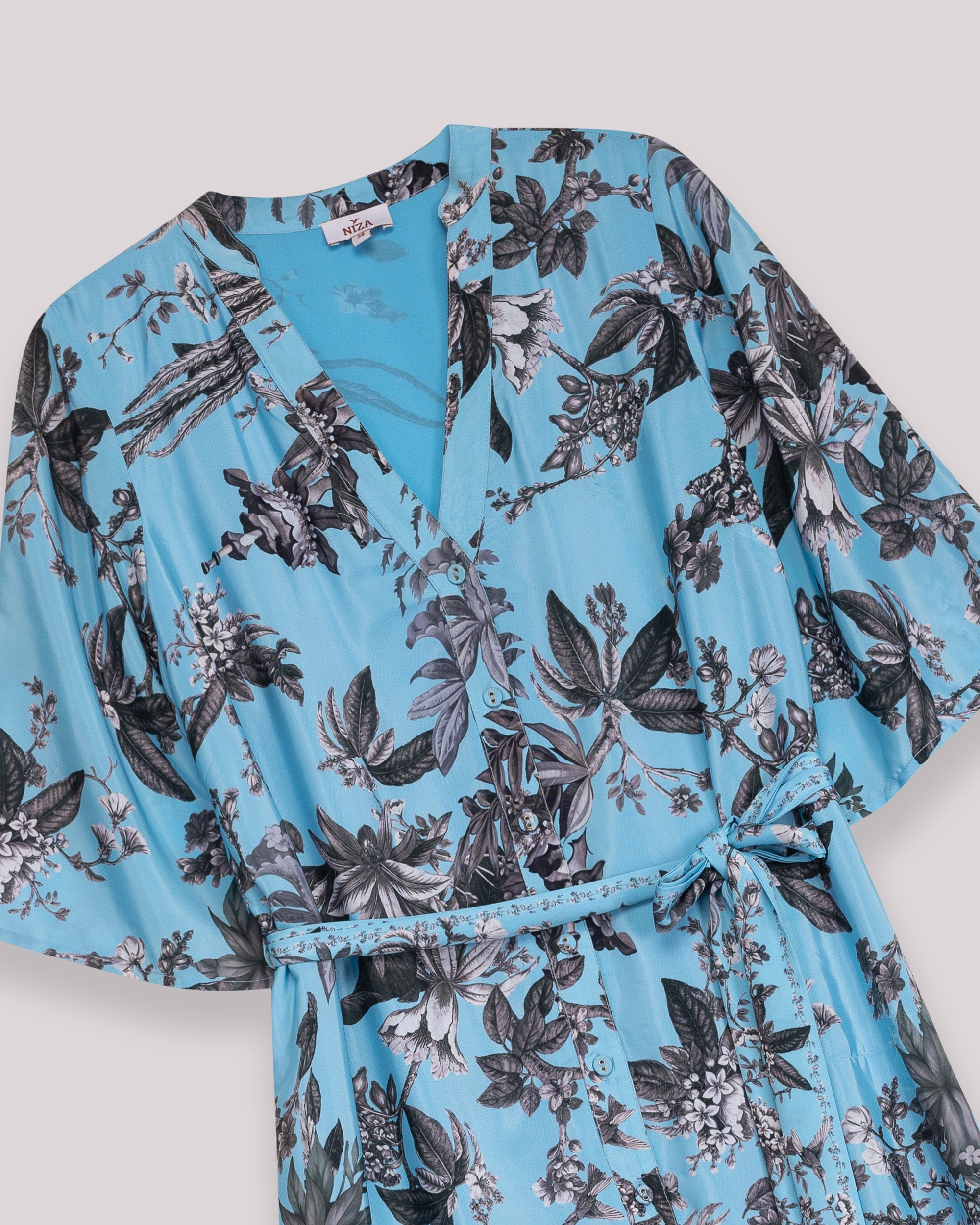 Vestido Midi Estampado com Decote em V e Cinto Azul-8