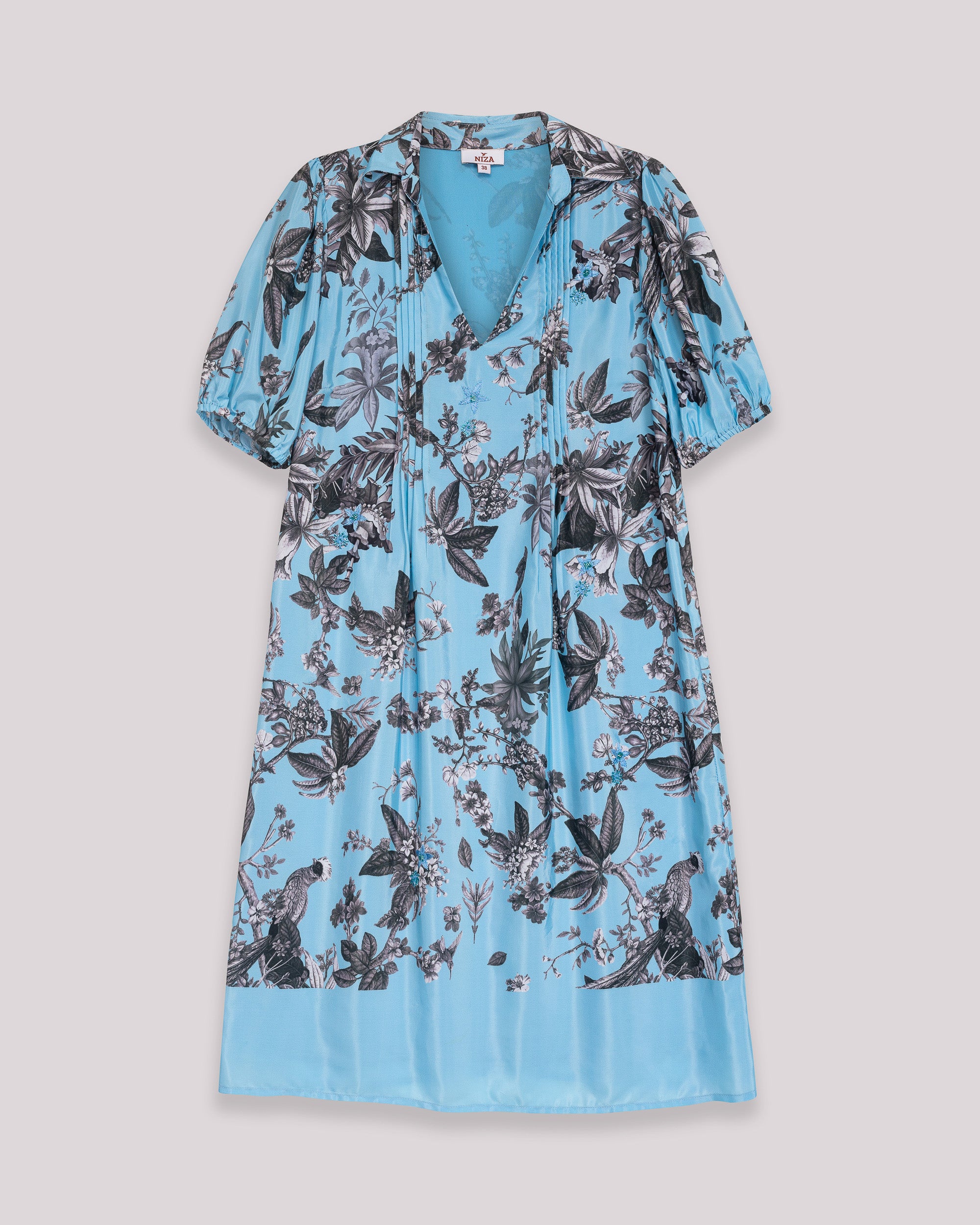 Vestido Curto com Corte a Direito Estampado com Decote em V e Manga Curta Azul-5