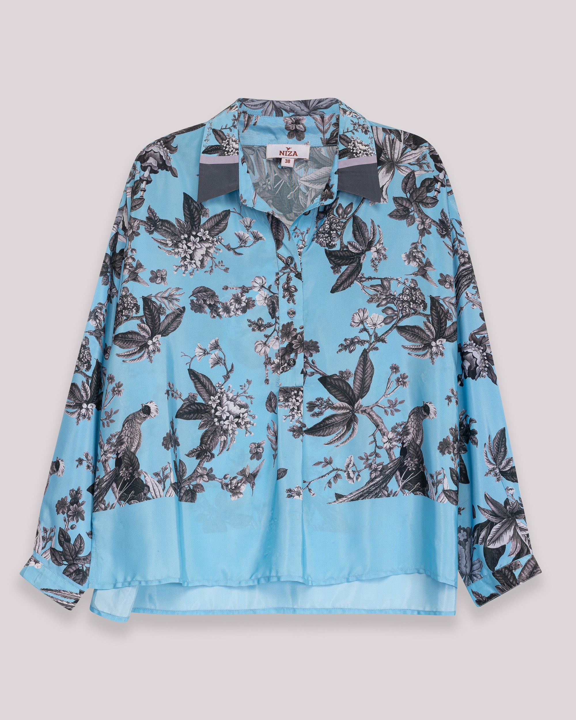 Blusa Fluida Estampada com Gola Tipo Camisa e Manga Comprida Azul-6