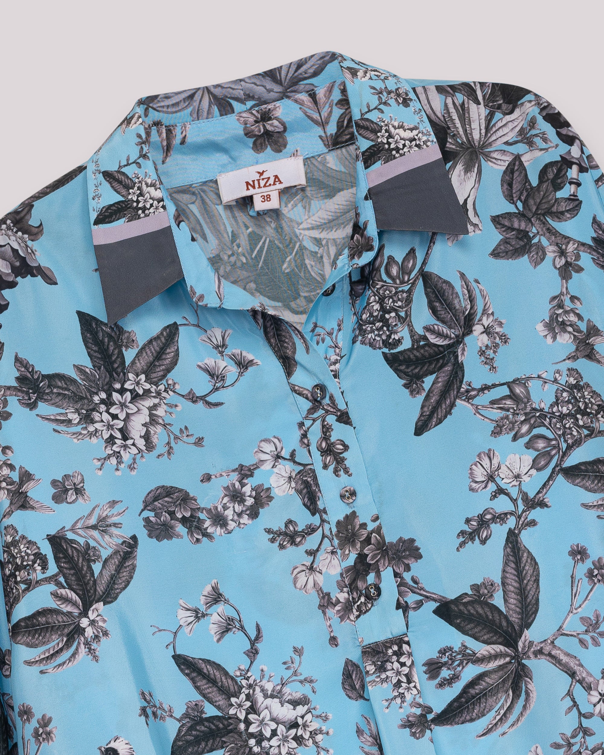 Blusa Fluida Estampada com Gola Tipo Camisa e Manga Comprida Azul-7