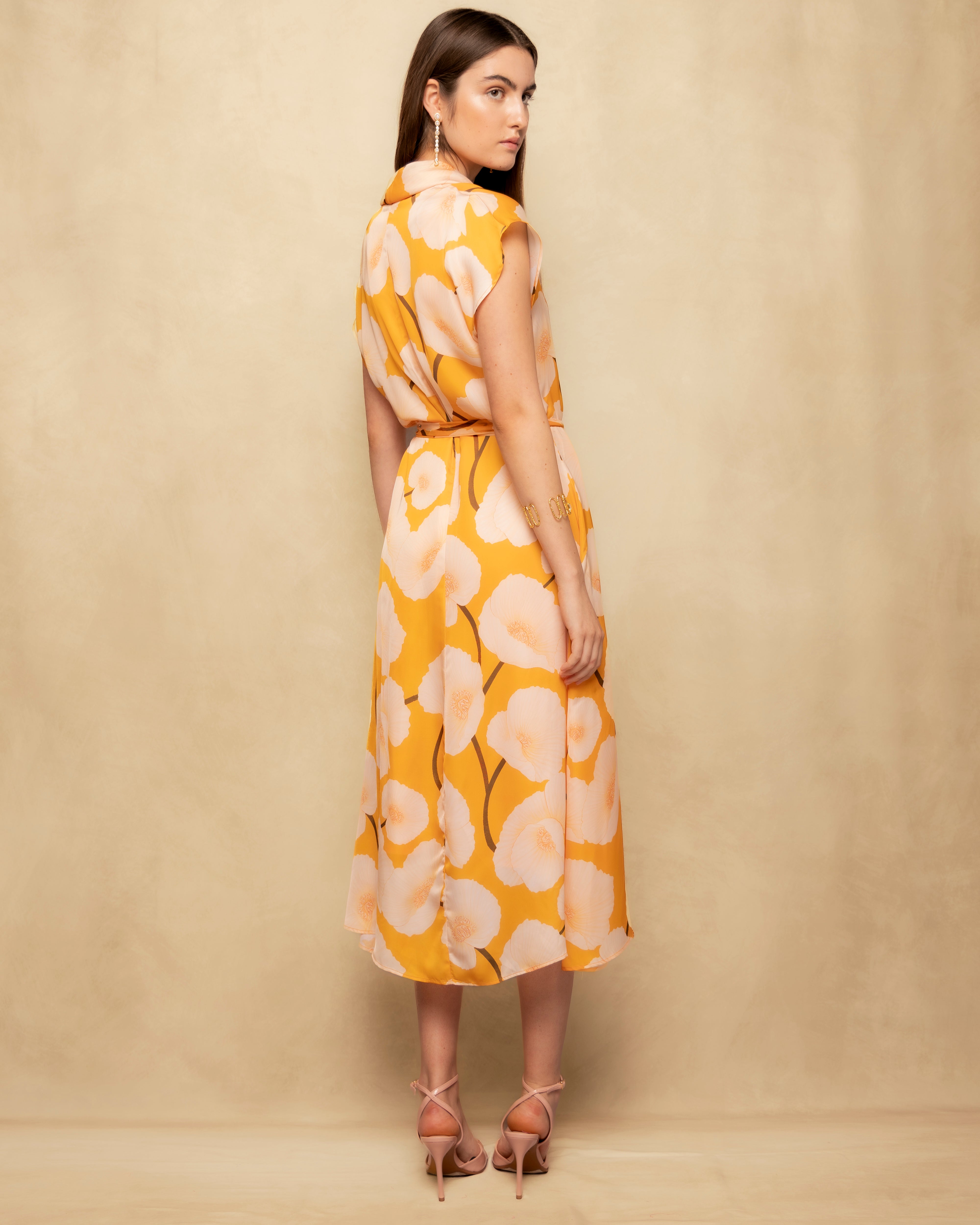 Vestido Comprido Cruzado com Cinto e Estampado Floral Maxi Amarelo-5