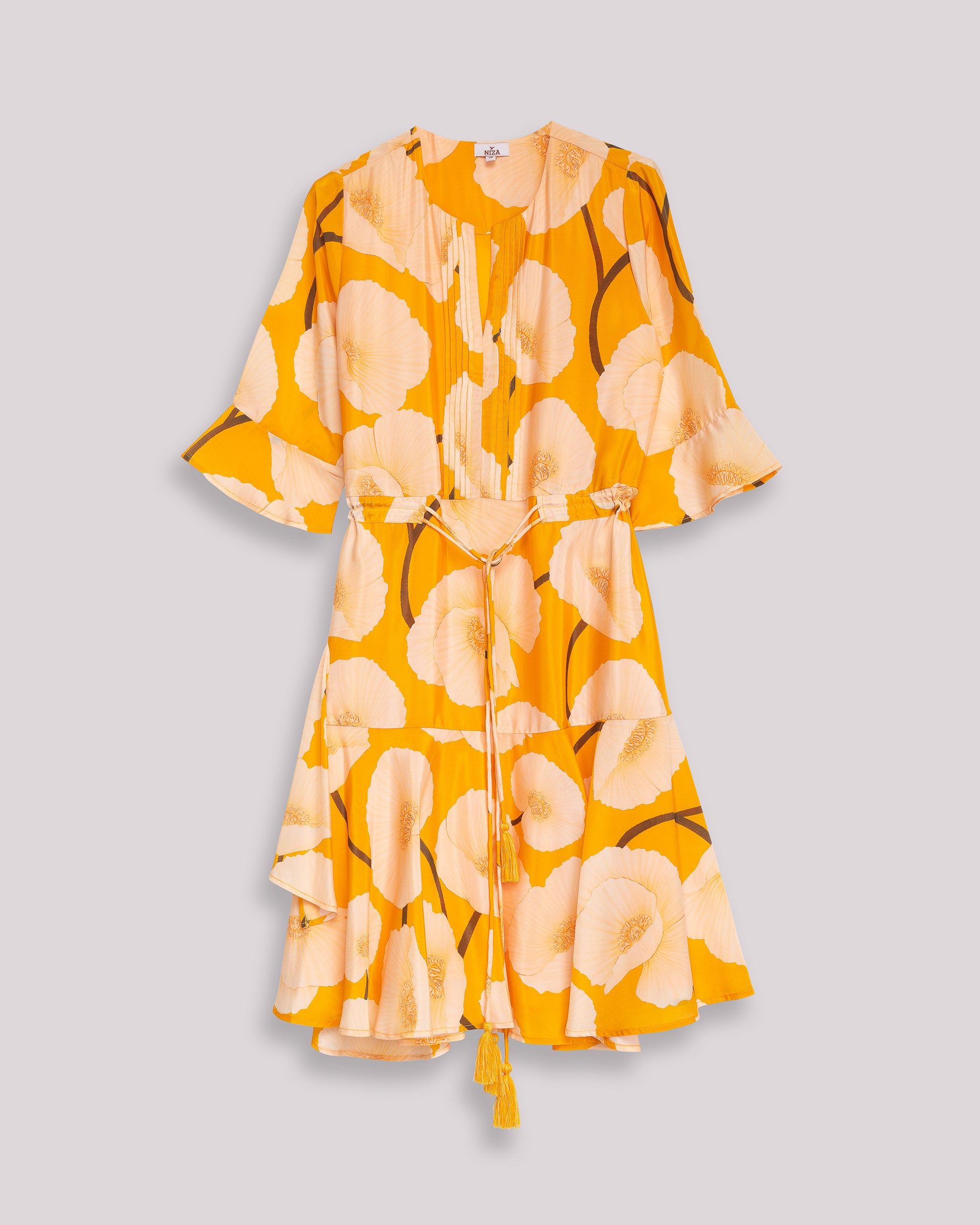 Vestido Curto com Manga Folho e Estampado Floral Maxi Amarelo-7