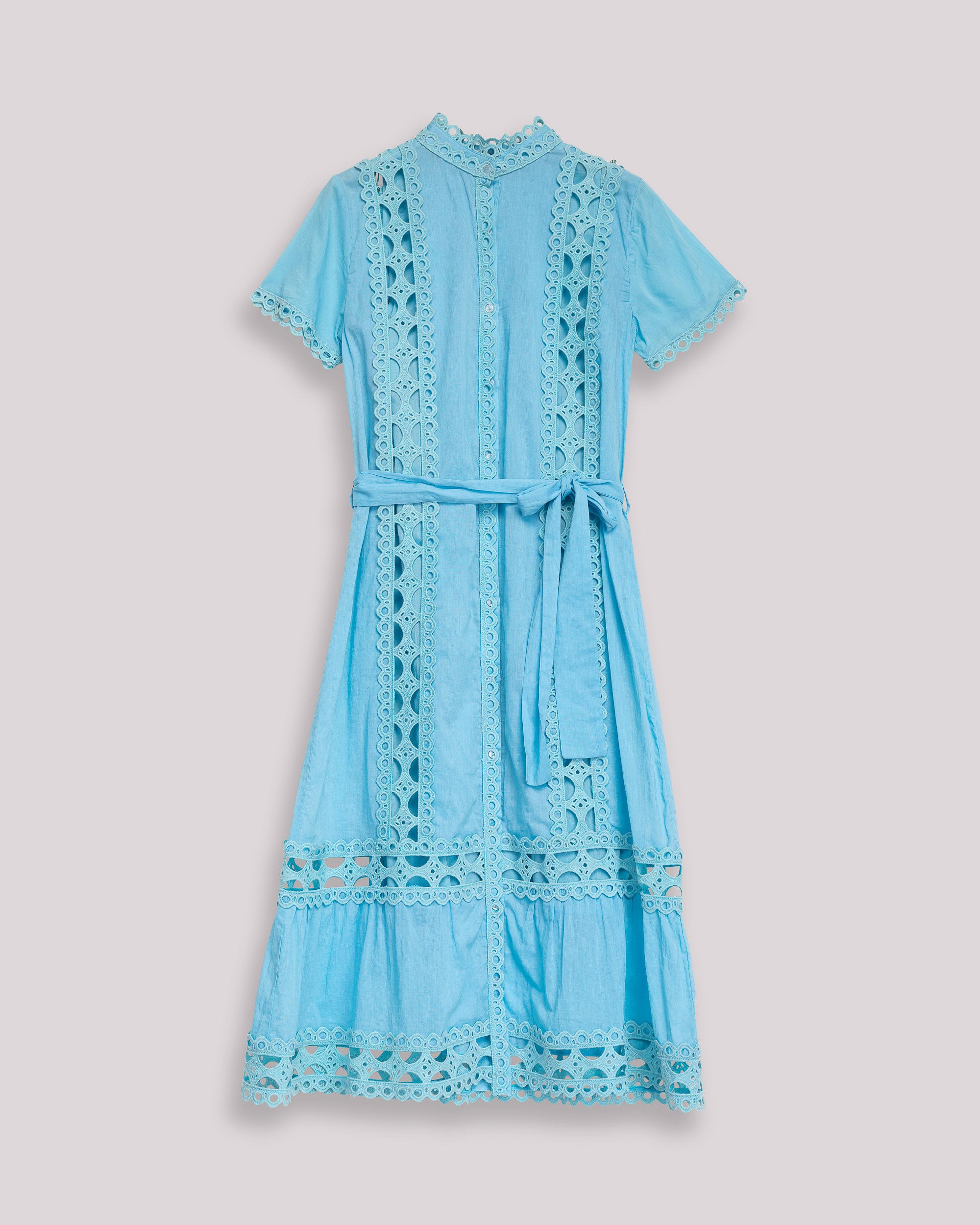 Vestido Midi de Algodão com Renda Perfurada e Cinto Azul-claro-7