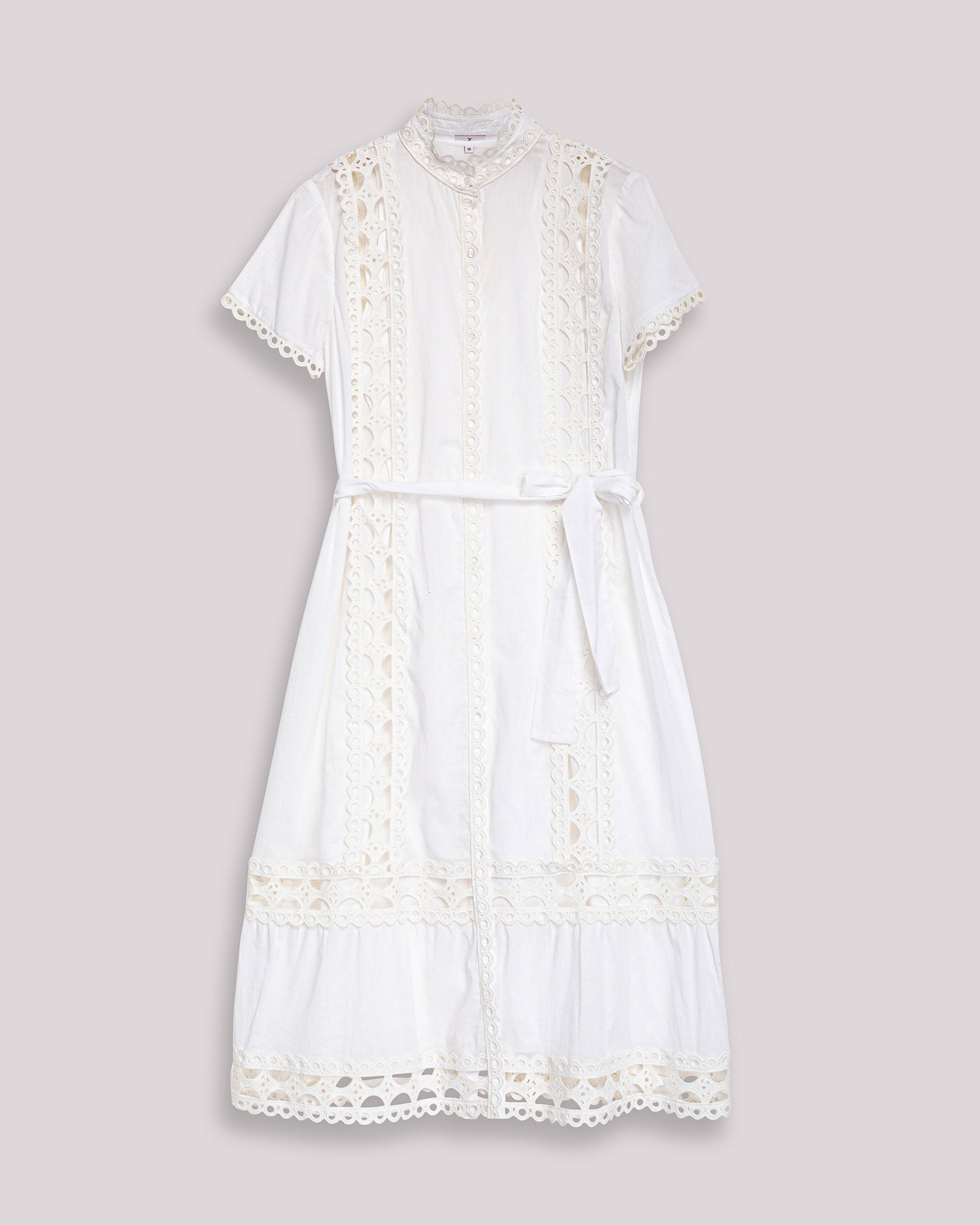 Vestido Midi de Algodão com Renda Perfurada e Cinto Branco-8