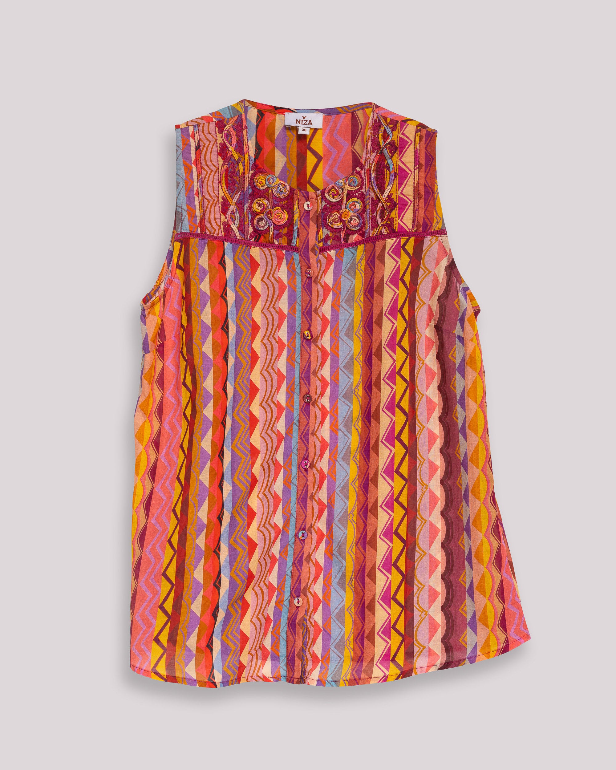 Blusa sem Mangas com Botões Frontais e Estampado Geométrico Coral-6