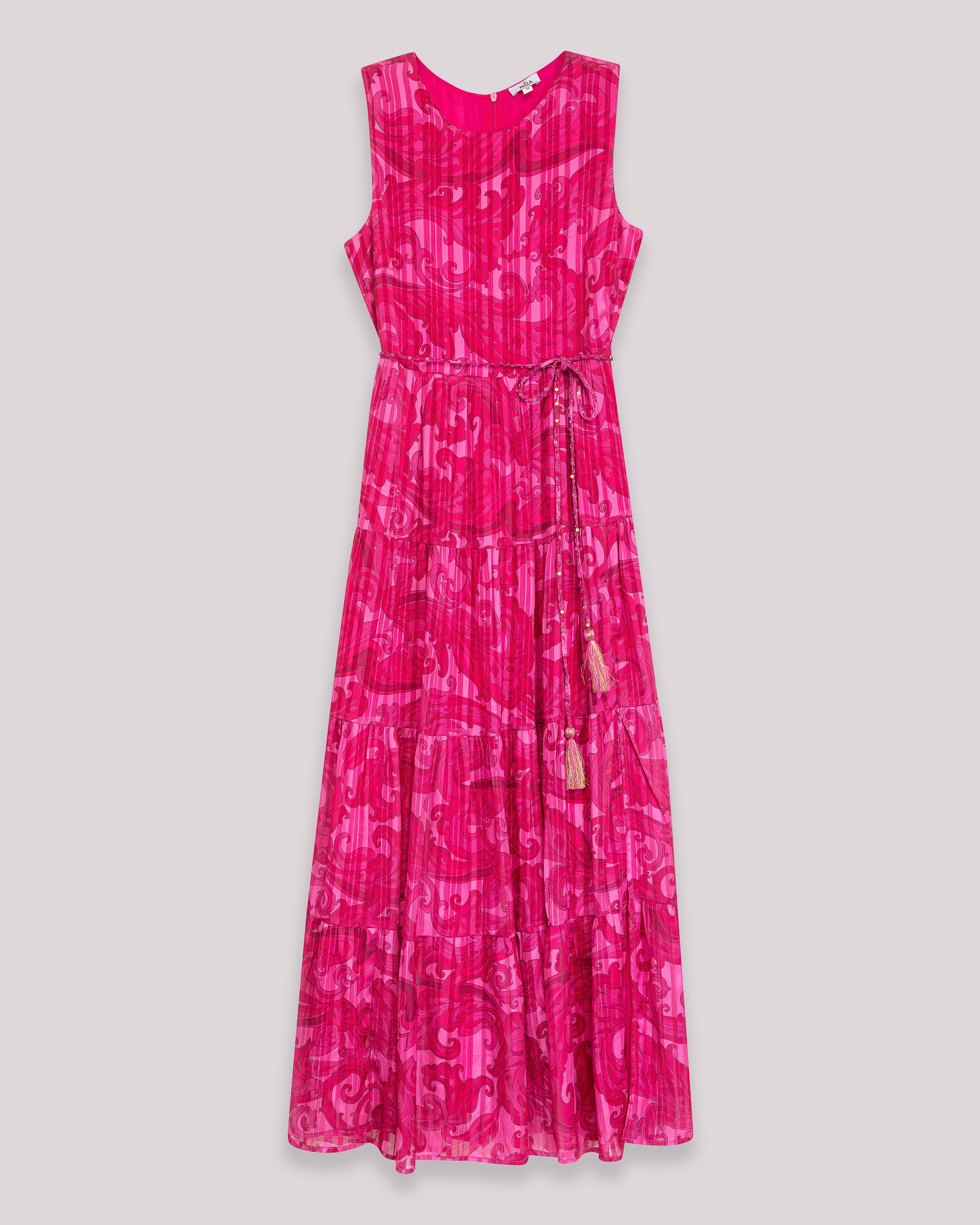 Vestido Comprido sem Mangas com Cinto e Estampado Geométrico Fúcsia-6
