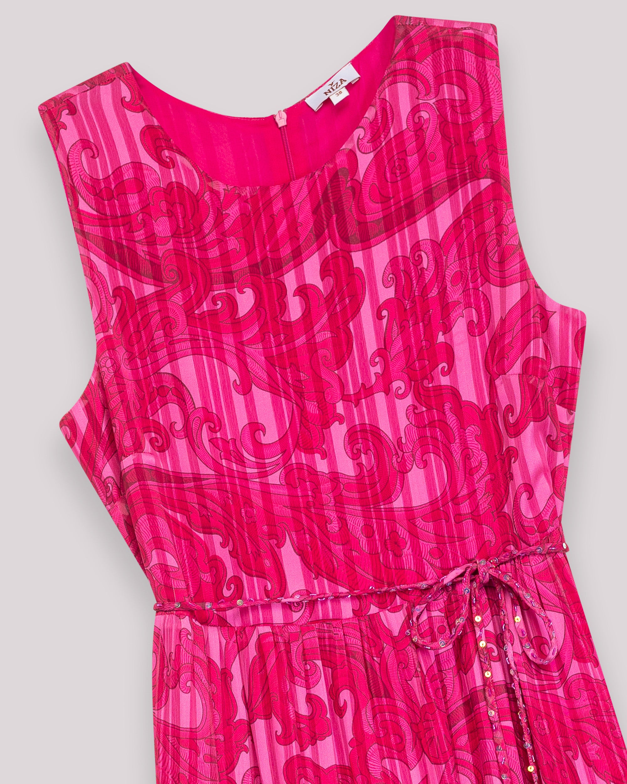 Vestido Comprido sem Mangas com Cinto e Estampado Geométrico Fúcsia-7