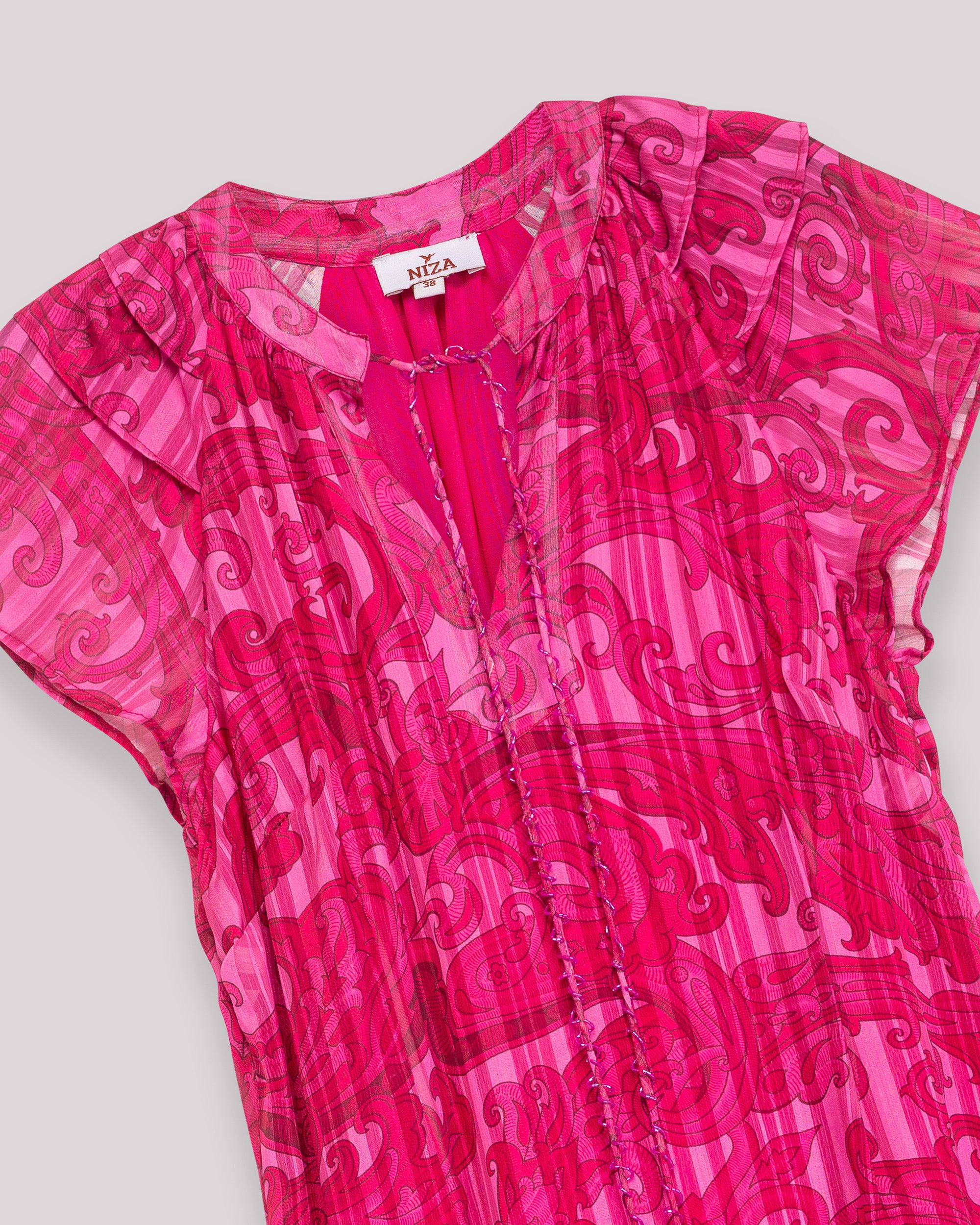 Vestido Curto com Manga Curta Estampado e Decote em V Fúcsia-7