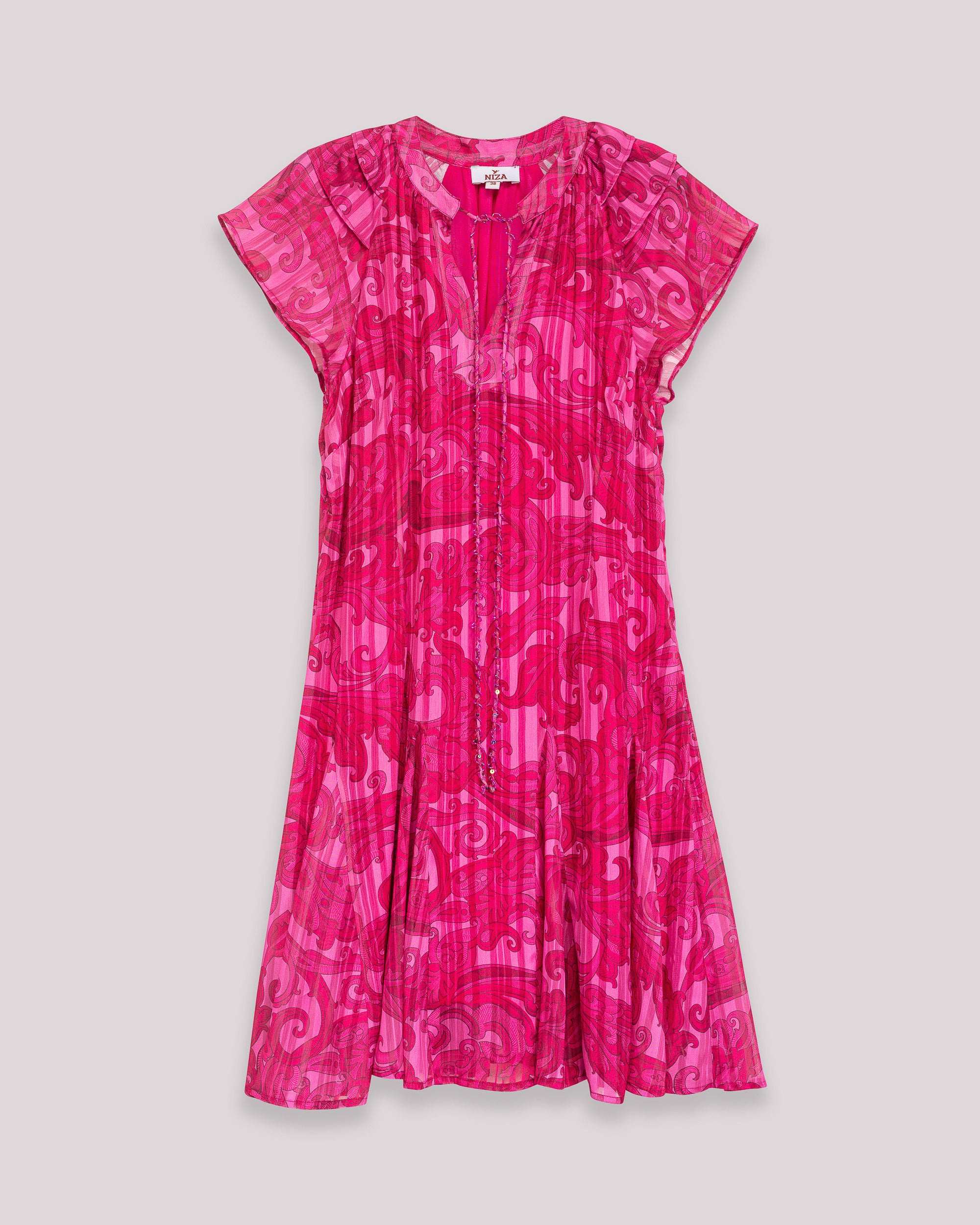 Vestido Curto com Manga Curta Estampado e Decote em V Fúcsia-6