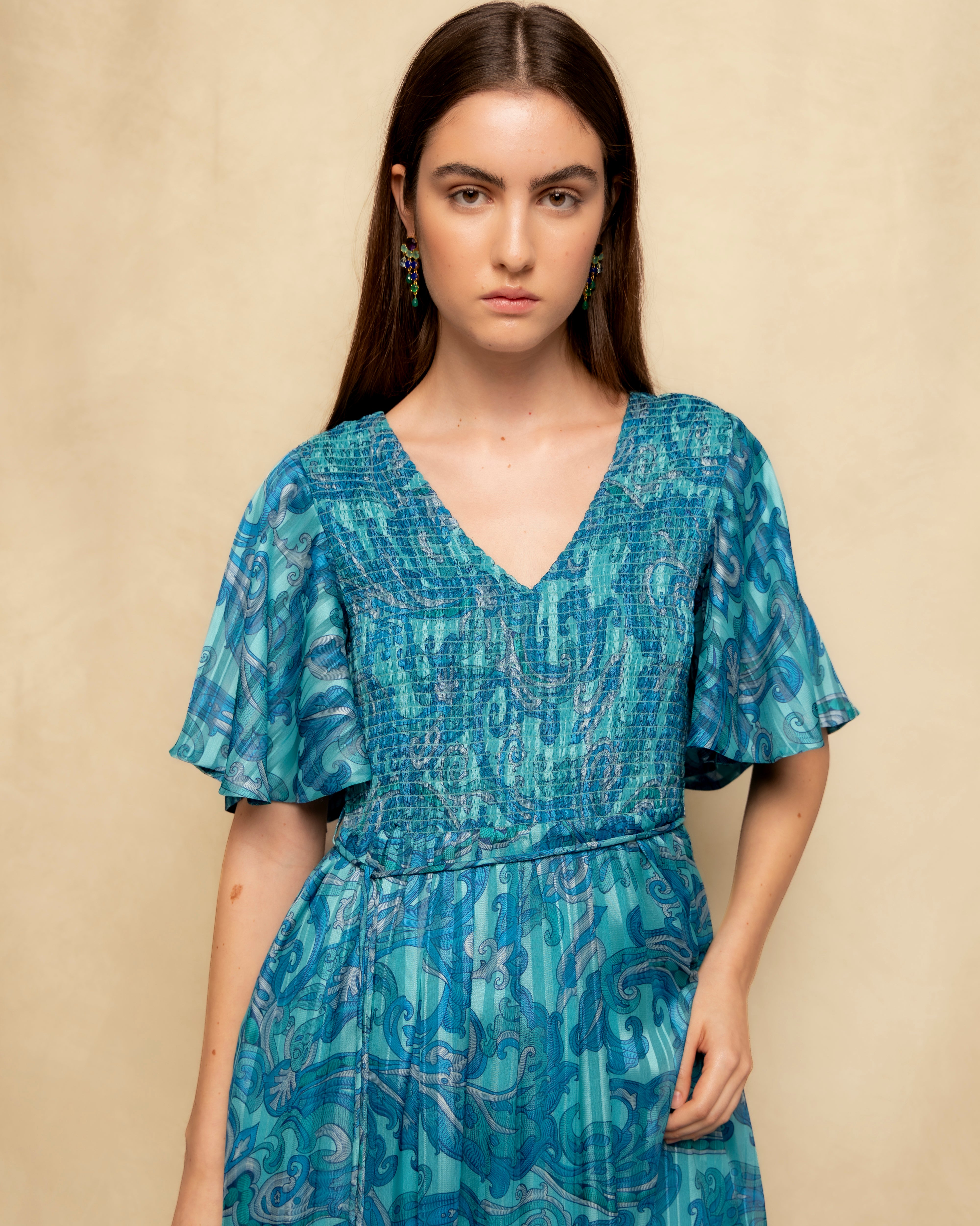 Vestido Comprido com Franzido no Peito e Manga Fluida Azul-claro-2