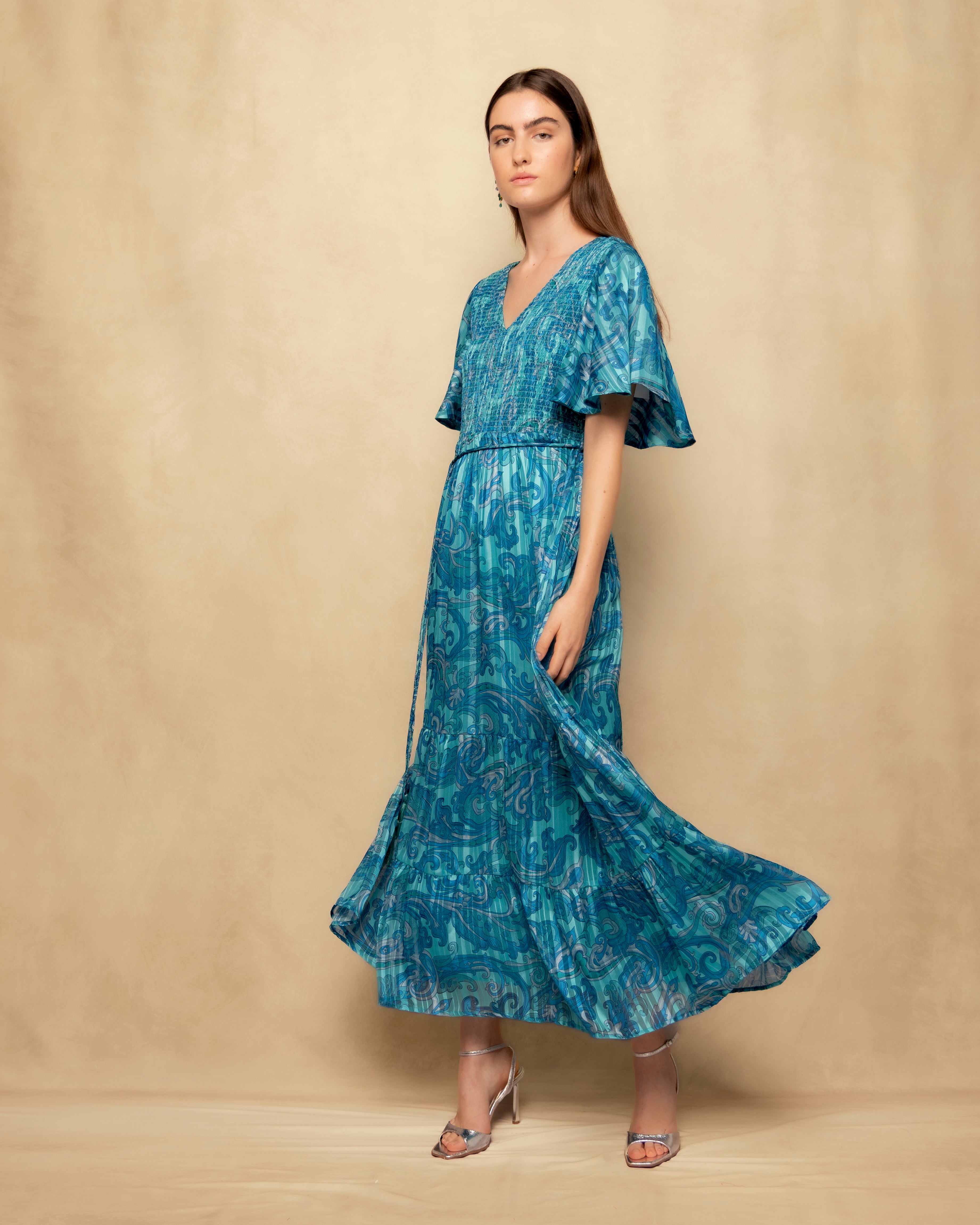 Vestido Comprido com Franzido no Peito e Manga Fluida Azul-claro-3